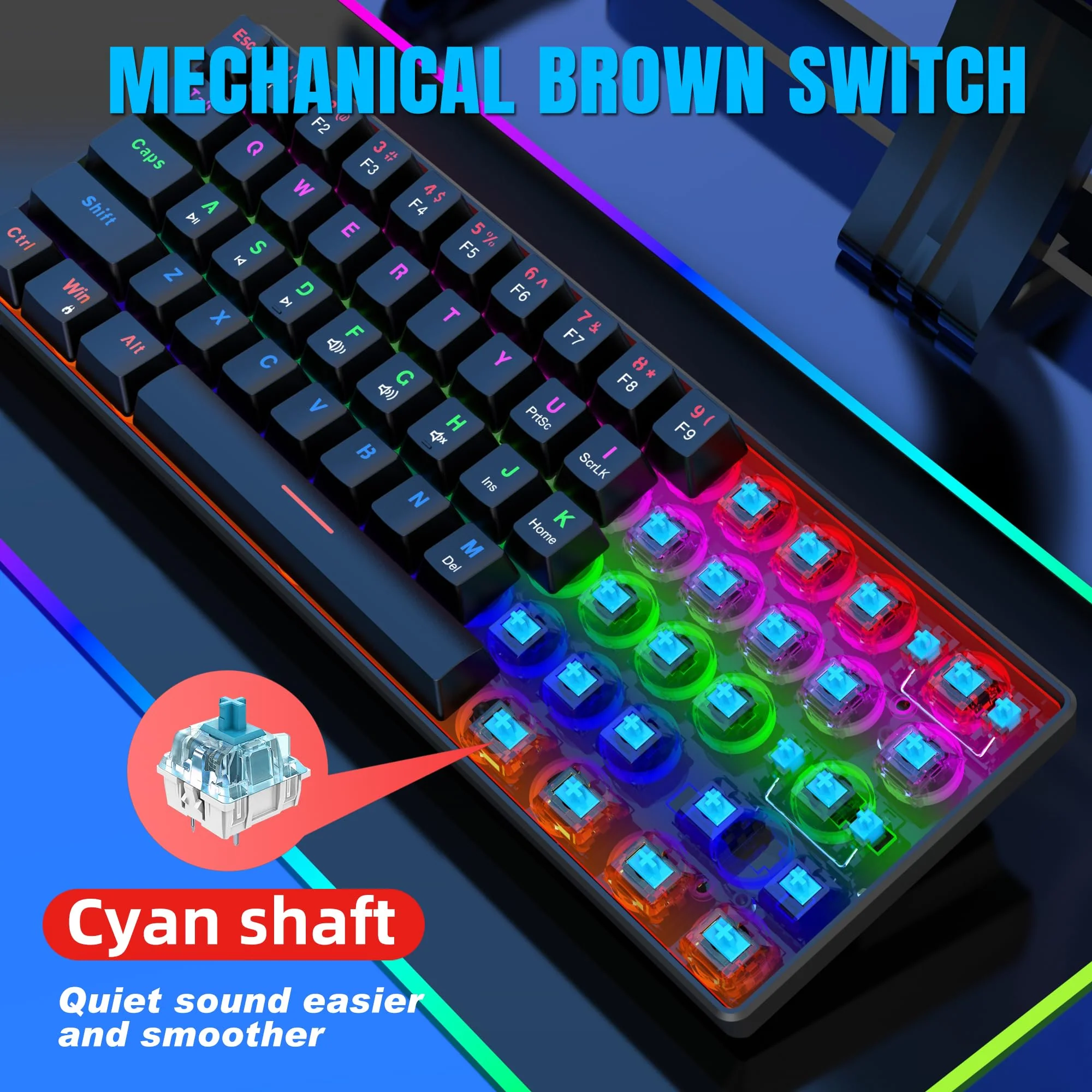 Snpurdiri 60% kabelgebundene Mechanische Gaming Tastatur, Anti-Ghosting 61 Tasten, RGB-Hintergrundbeleuchtung, Ultrakompakter Blauer Schalter, Doppelfuß, Schwarz - Image 3
