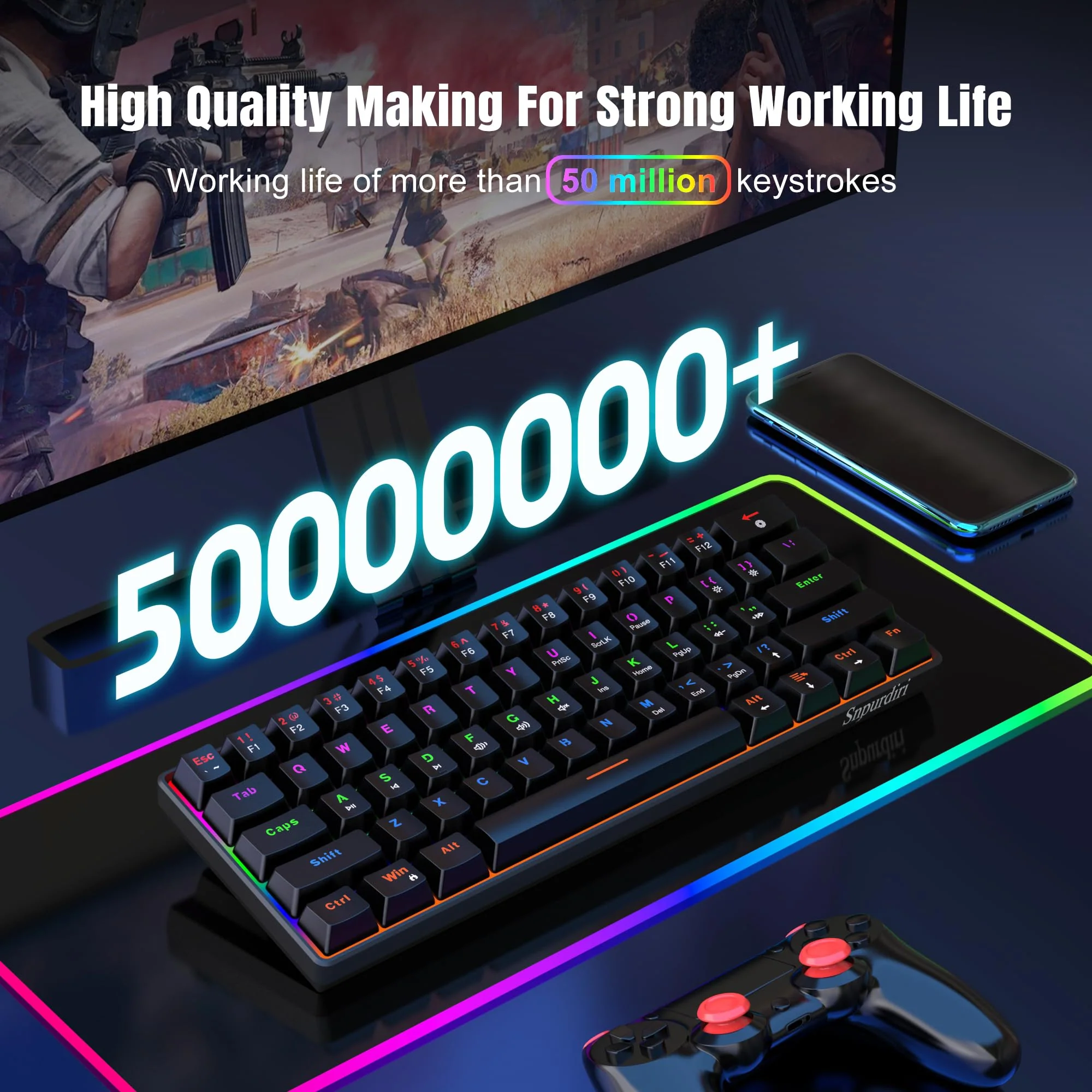 Snpurdiri 60% kabelgebundene Mechanische Gaming Tastatur, Anti-Ghosting 61 Tasten, RGB-Hintergrundbeleuchtung, Ultrakompakter Blauer Schalter, Doppelfuß, Schwarz - Image 6