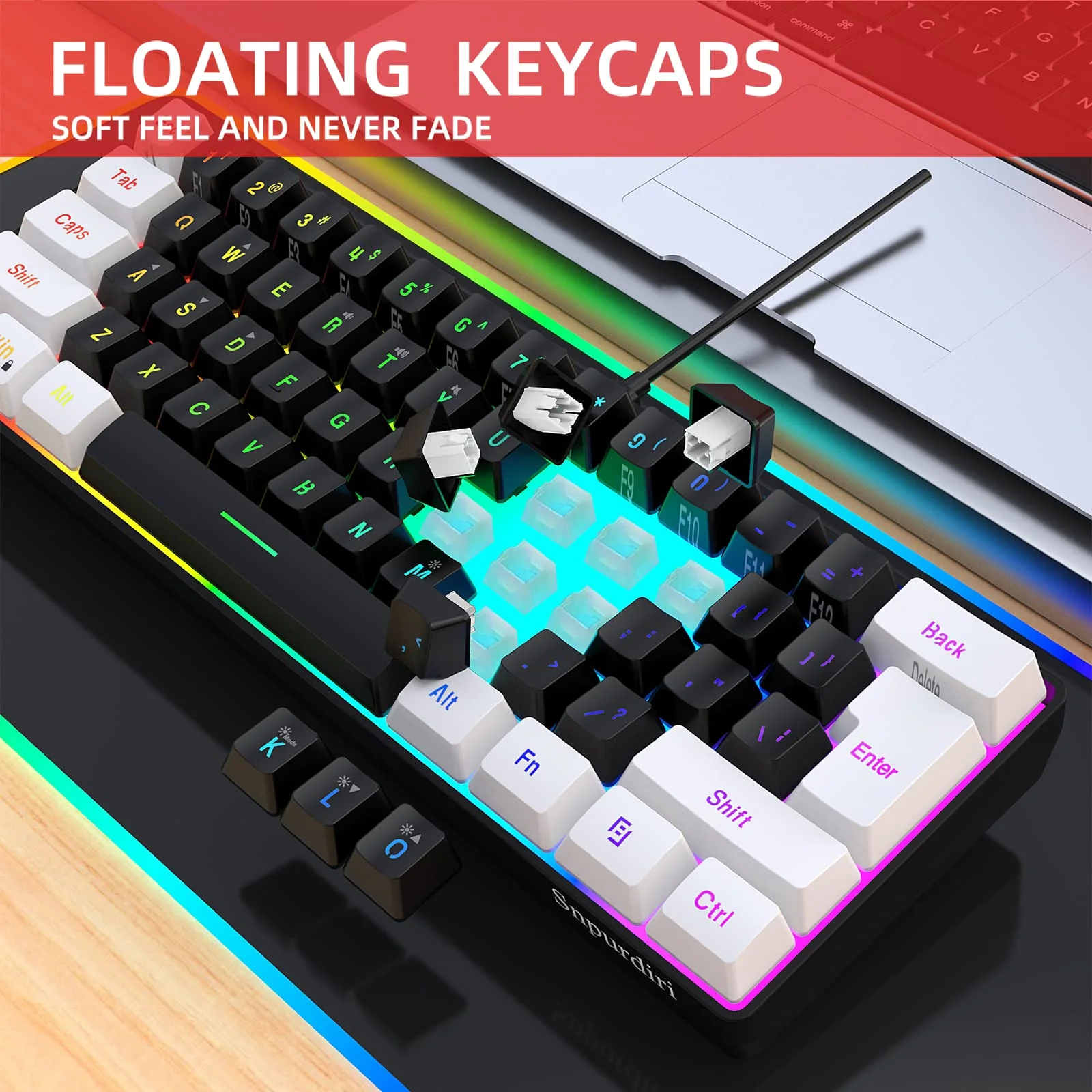 Snpurdiri 60% Percent Gaming Tastatur, Ergonomische Kleine Mini Gaming Tastatur, Silent Compact RGB Tastatur für Windows, PC, Laptop, Gaming (61 Tasten, Weiß-Schwarz) - Image 2