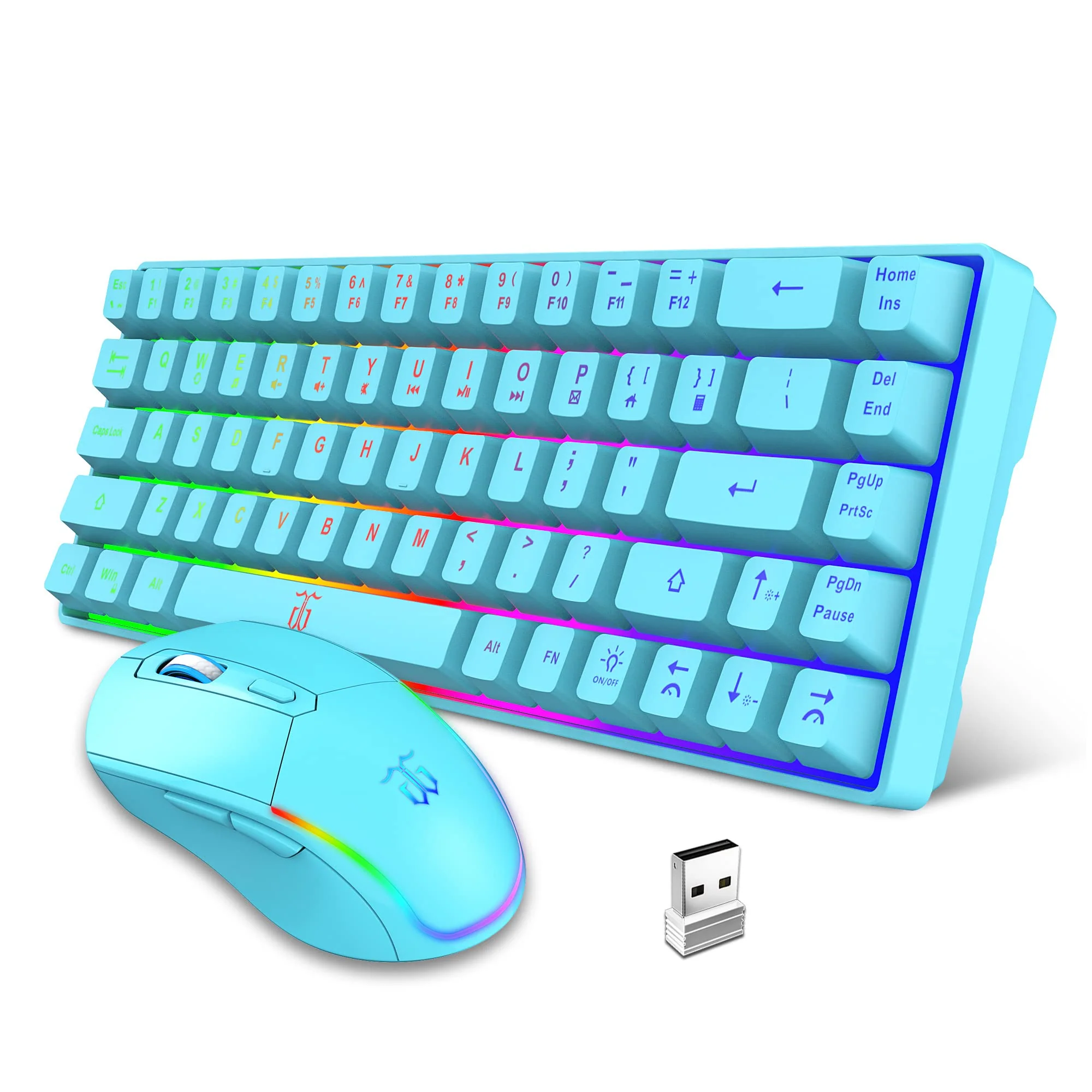Snpurdiri 60% Tastatur Maus Set Kabellos, LED-Beleuchtung, wiederaufladbare 2000mAh Batterie Small Mini 60 Prozent Wireless Gaming Combo, Ergonomisches Design 6D 3200DPI Maus (Blau) - Image 5