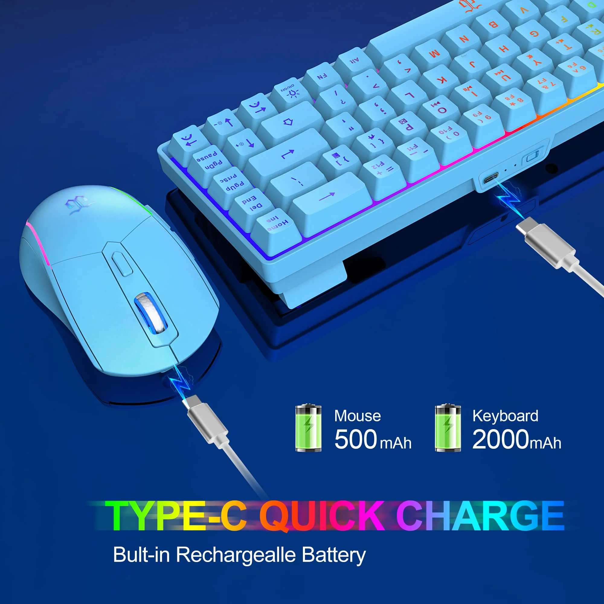 Snpurdiri 60% Tastatur Maus Set Kabellos, LED-Beleuchtung, wiederaufladbare 2000mAh Batterie Small Mini 60 Prozent Wireless Gaming Combo, Ergonomisches Design 6D 3200DPI Maus (Blau) - Image 6