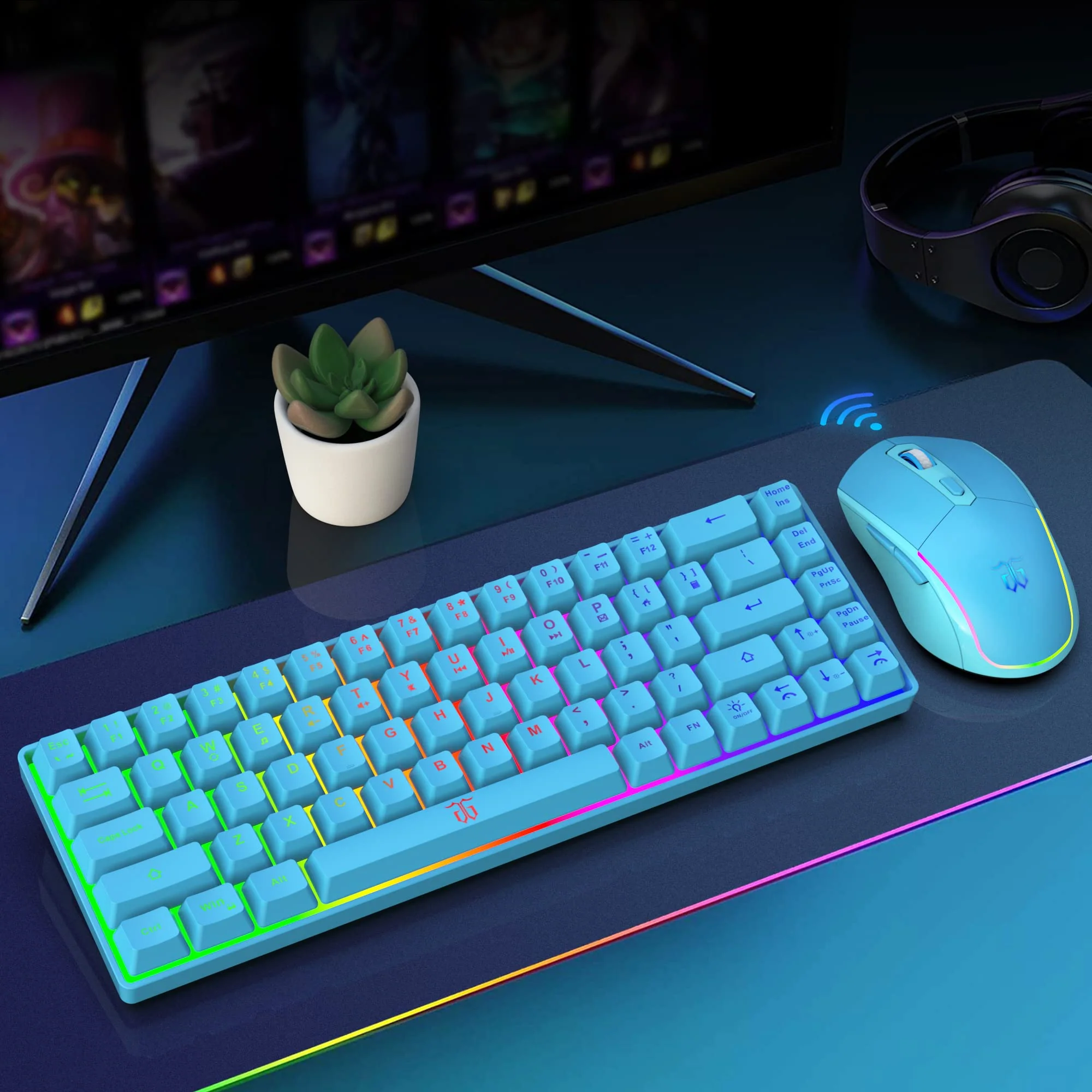Snpurdiri 60% Tastatur Maus Set Kabellos, LED-Beleuchtung, wiederaufladbare 2000mAh Batterie Small Mini 60 Prozent Wireless Gaming Combo, Ergonomisches Design 6D 3200DPI Maus (Blau) - Image 7