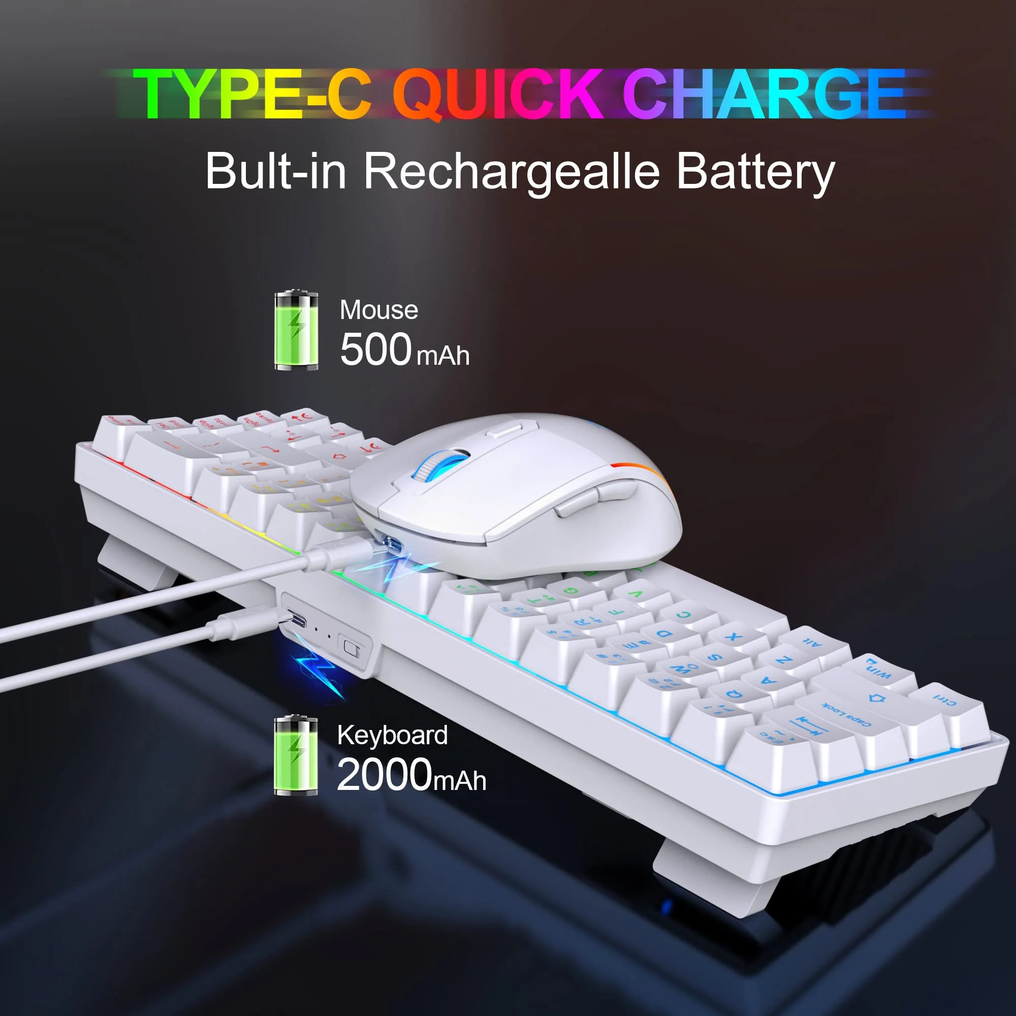Snpurdiri 60% Tastatur Maus Set Kabellos, LED-Beleuchtung, wiederaufladbare 2000mAh Batterie Small Mini 60 Prozent Wireless Gaming Combo, Ergonomisches Design 6D 3200DPI Maus (Weiß) - Image 6