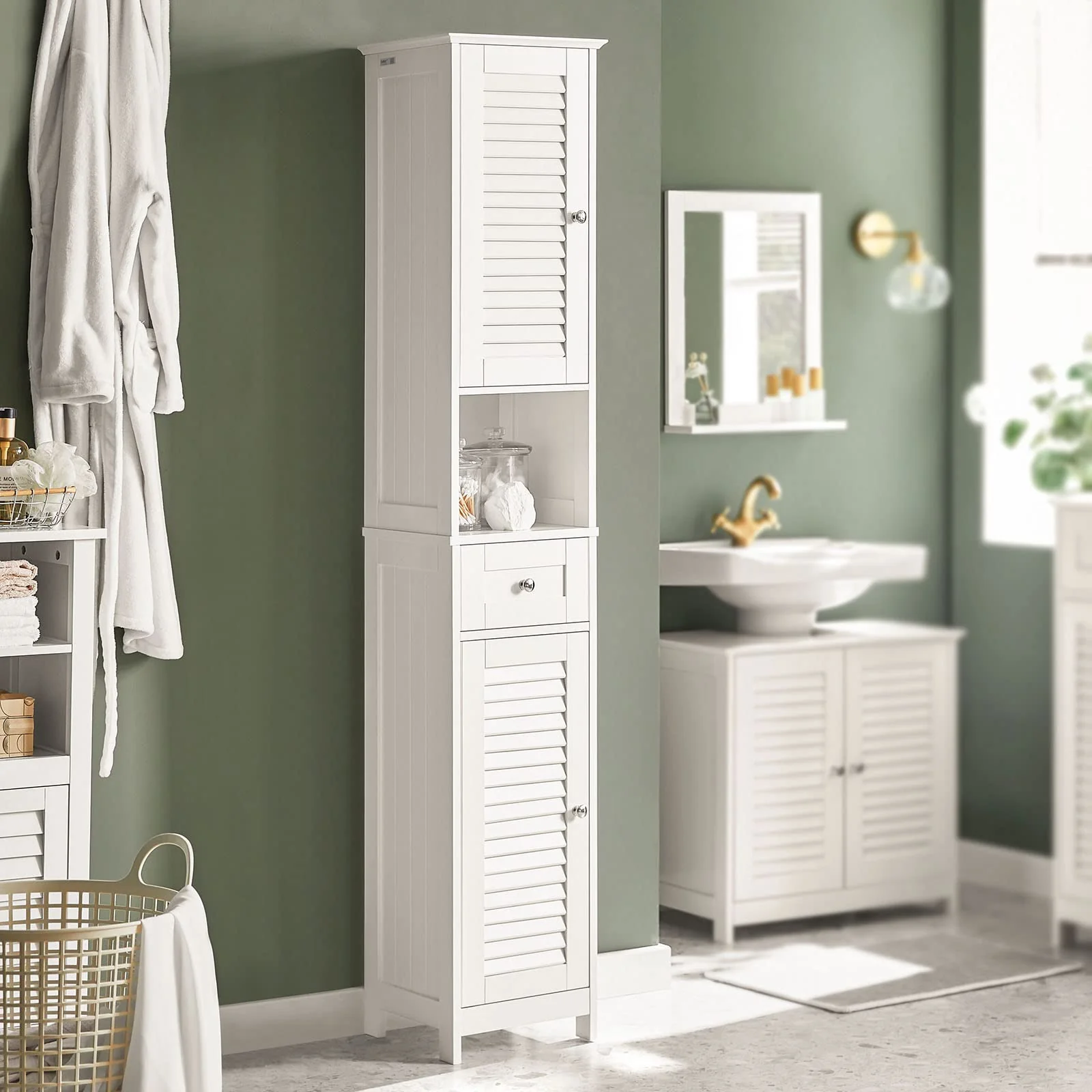 SoBuy Badezimmer-Hochschrank Badregal Badschrank Badmöbel mit 1 offenem Fach, 1 Schublade und Türen, weiß BHT ca. 32X170X30cm FRG236-W - Image 5