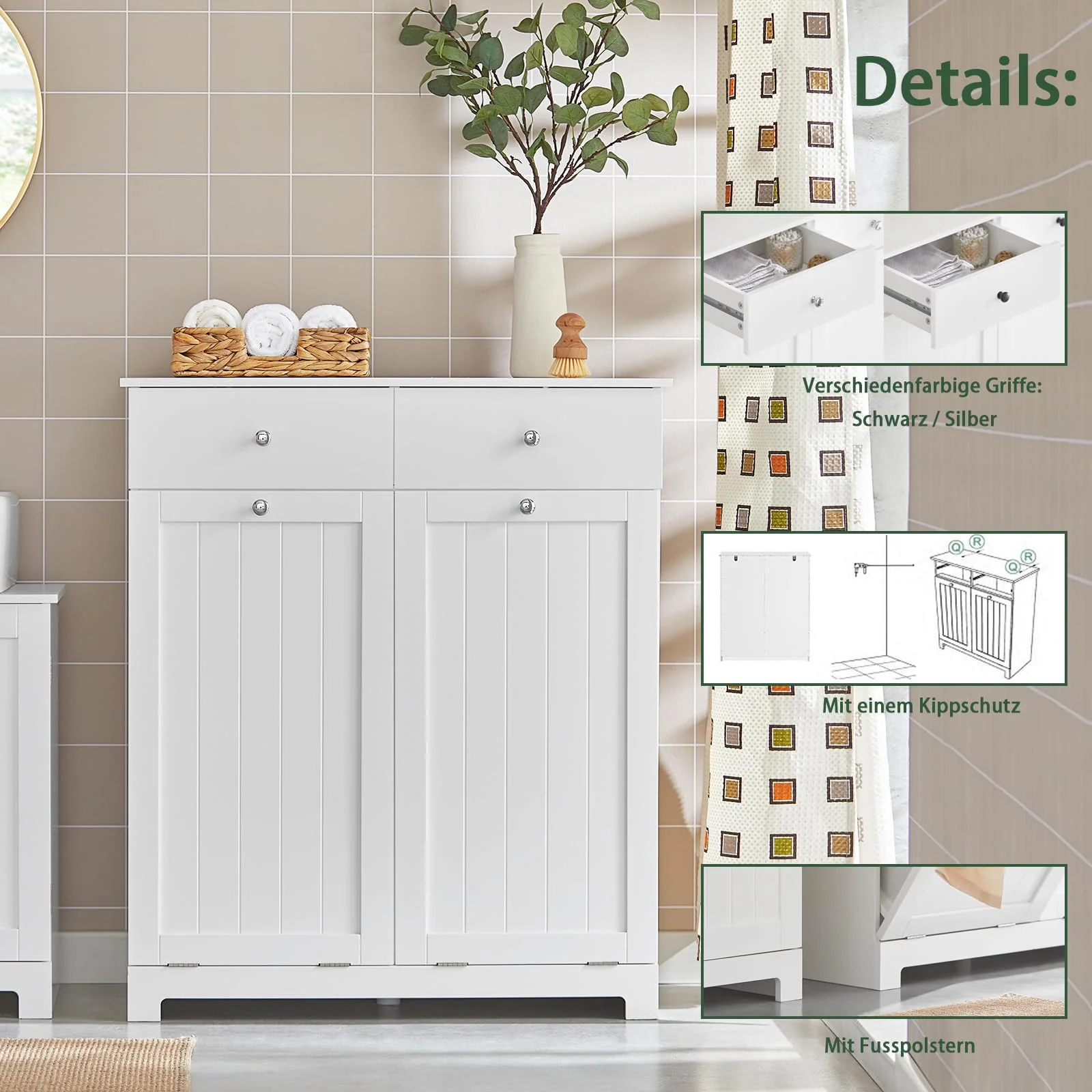 SoBuy BZR33-W Wäscheschrank mit 2 ausklappbaren Wäschesäcken Wäschetruhe Wäschesammler mit 2 Schubladen Wäschekorb Badschrank Badmöbel weiß BHT ca: 78x90x38cm