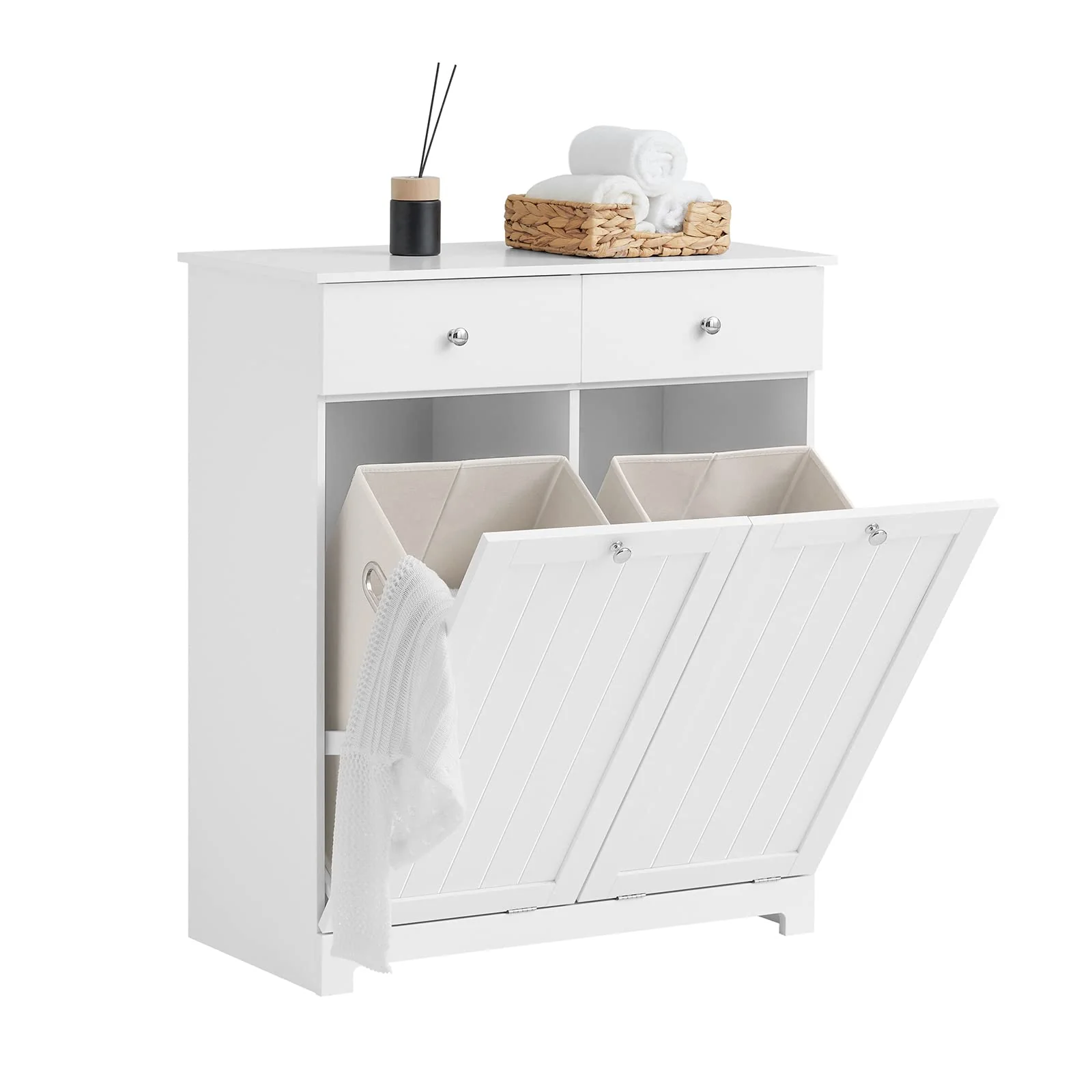 SoBuy BZR33-W Wäscheschrank mit 2 ausklappbaren Wäschesäcken Wäschetruhe Wäschesammler mit 2 Schubladen Wäschekorb Badschrank Badmöbel weiß BHT ca: 78x90x38cm - Image 2