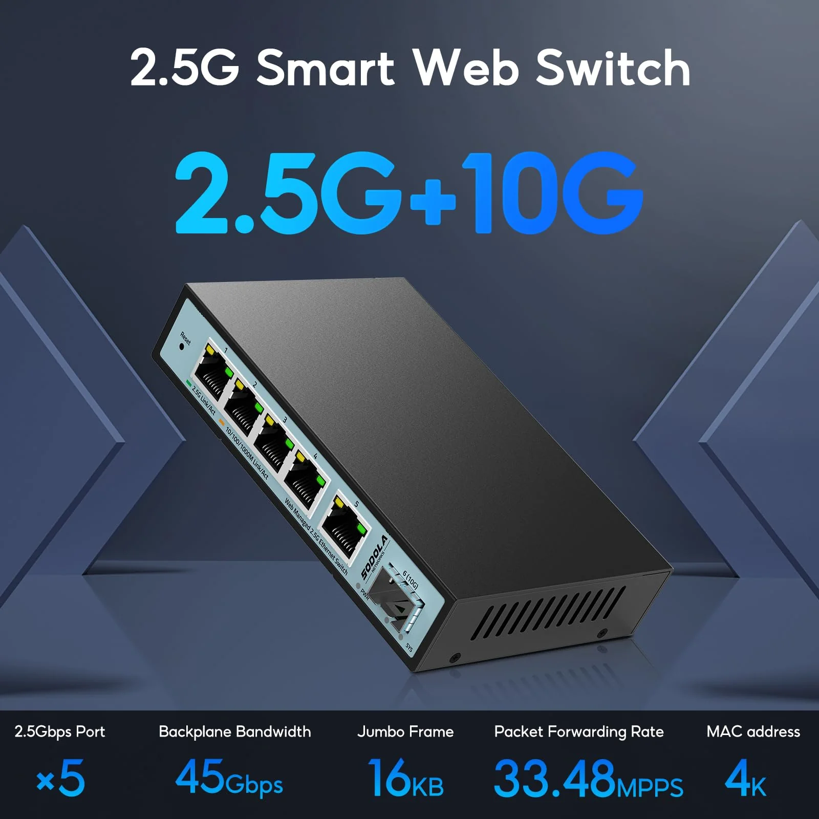 SODOLA 6 Port 2.5G Smart Web Ethernet Switch,1 10G SFP und 5 x 2.5G Base-T Ports,Unterstützt Statische Aggregation/QoS/VLAN/IGMP, Metall Lüfterloser Managed Multi-Gigabit Switch - Image 2