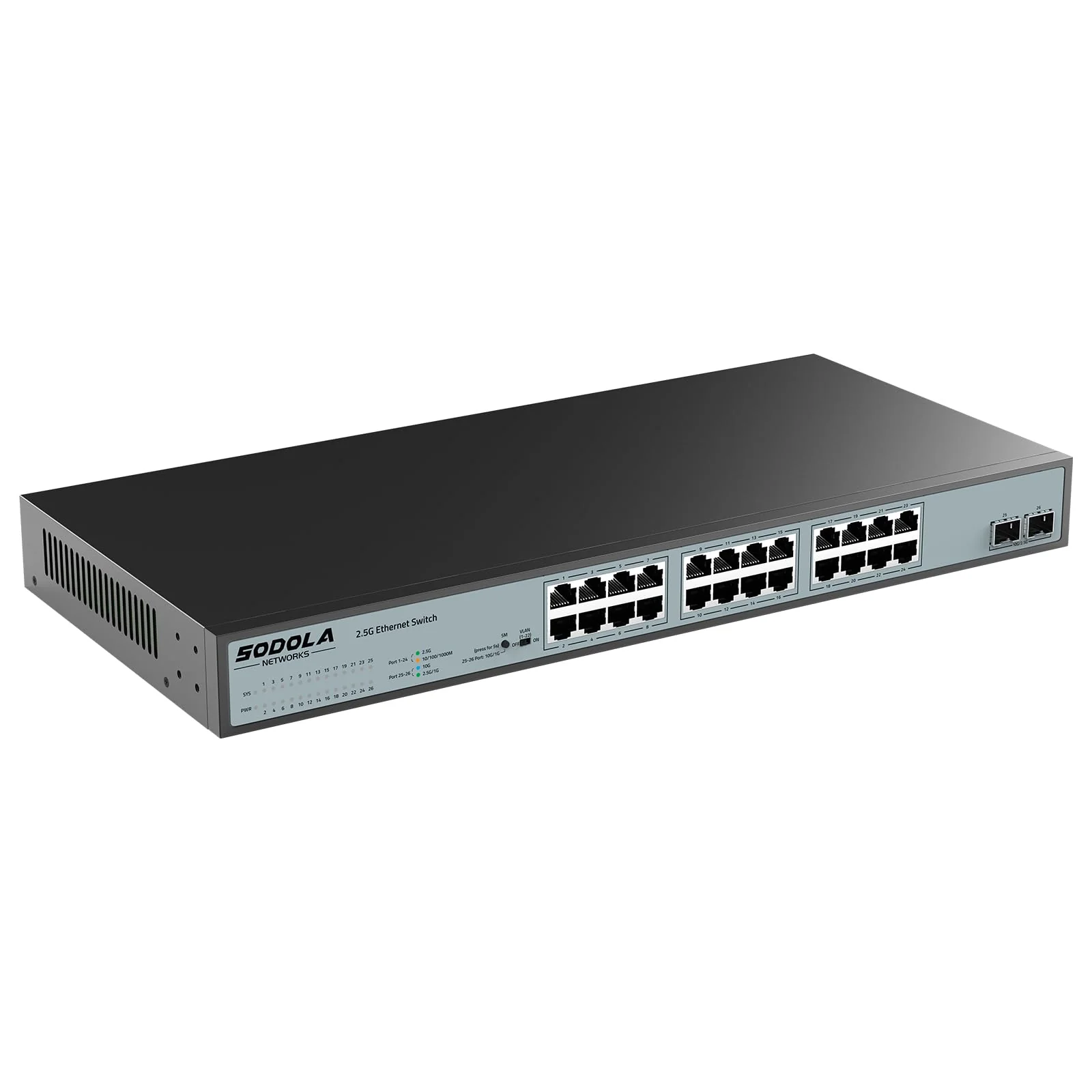 SODOLA Umanaged Switch mit 24 Ports, 2,5 GB, 24 x 2,5 G Base-T-Ports, 2 x 10 G SFP, 160 Gbit/s Schaltkapazität, Portisolierung, IU Rack-Mount/lüfterlos/Plug & Play Multi-Gig, nicht verwalteter - Image 7