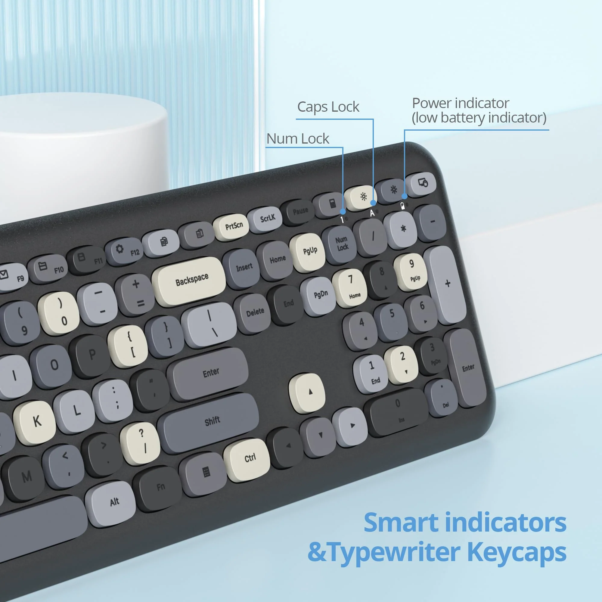 SOLIDEE Buntes kabellose Tastatur und Maus-Kombination,2.4GHz Retro Schreibmaschine Tastatur,104 Tasten in voller mit Ziffernblock,Leise membran Tastatur(Amerikanisch QWERTY)(Black Grey) - Image 8
