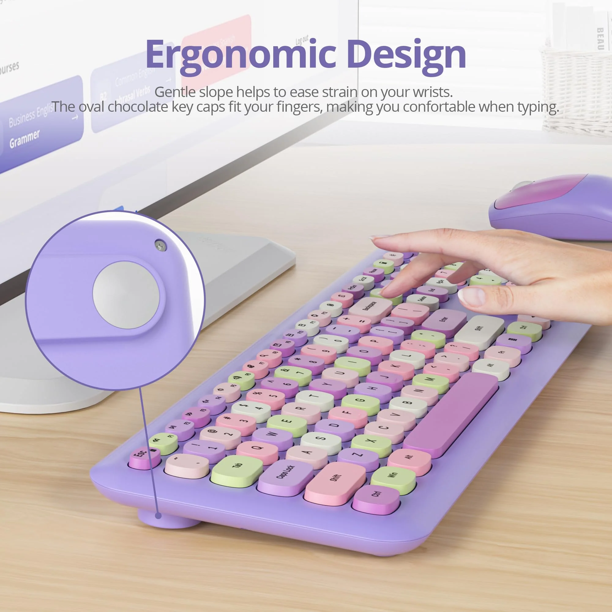 SOLIDEE Buntes kabellose Tastatur und Maus-Kombination,2.4GHz Retro Schreibmaschine Tastatur,104 Tasten in voller mit Ziffernblock,Leise membran Tastatur(Amerikanisch QWERTY)(Purple) - Image 3