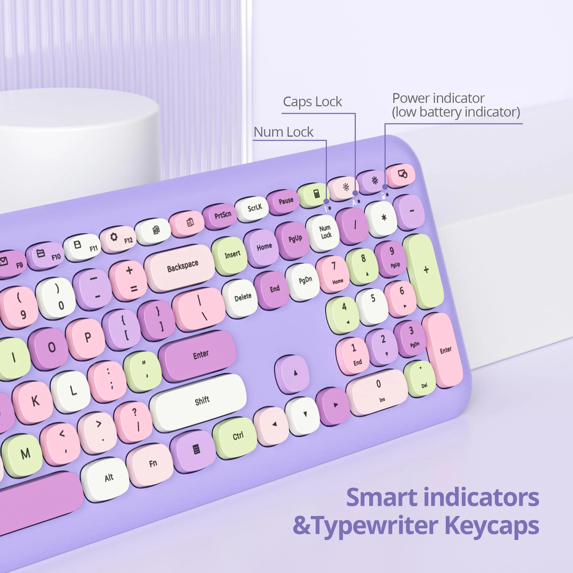 SOLIDEE Buntes kabellose Tastatur und Maus-Kombination,2.4GHz Retro Schreibmaschine Tastatur,104 Tasten in voller mit Ziffernblock,Leise membran Tastatur(Amerikanisch QWERTY)(Purple) - Image 4
