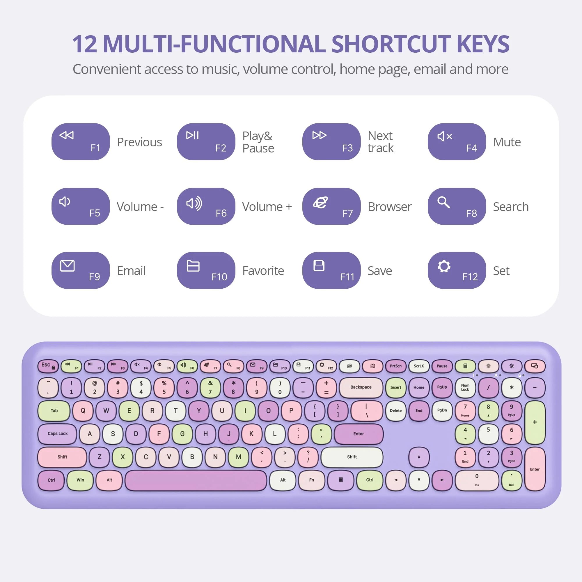 SOLIDEE Buntes kabellose Tastatur und Maus-Kombination,2.4GHz Retro Schreibmaschine Tastatur,104 Tasten in voller mit Ziffernblock,Leise membran Tastatur(Amerikanisch QWERTY)(Purple) - Image 5