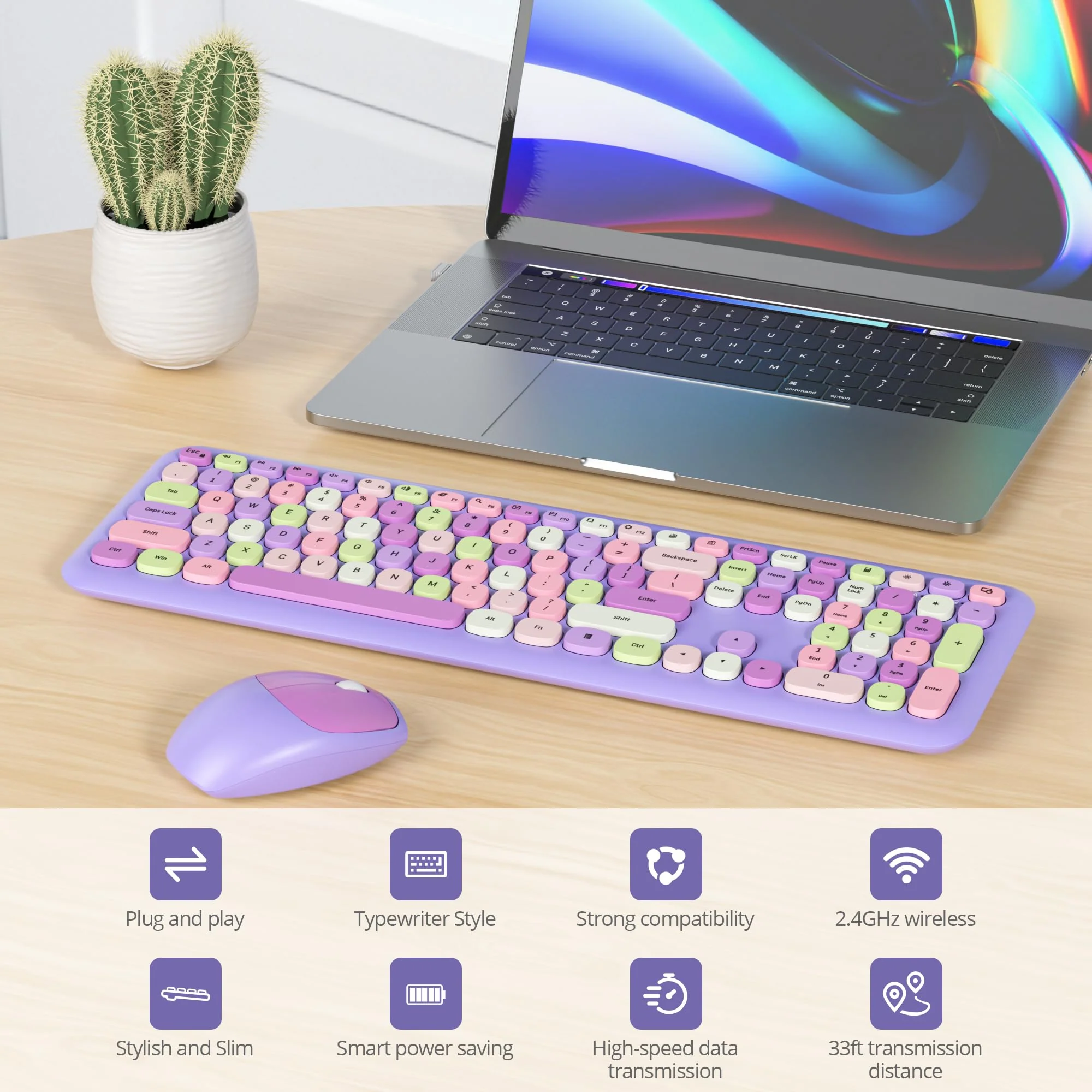 SOLIDEE Buntes kabellose Tastatur und Maus-Kombination,2.4GHz Retro Schreibmaschine Tastatur,104 Tasten in voller mit Ziffernblock,Leise membran Tastatur(Amerikanisch QWERTY)(Purple) - Image 7