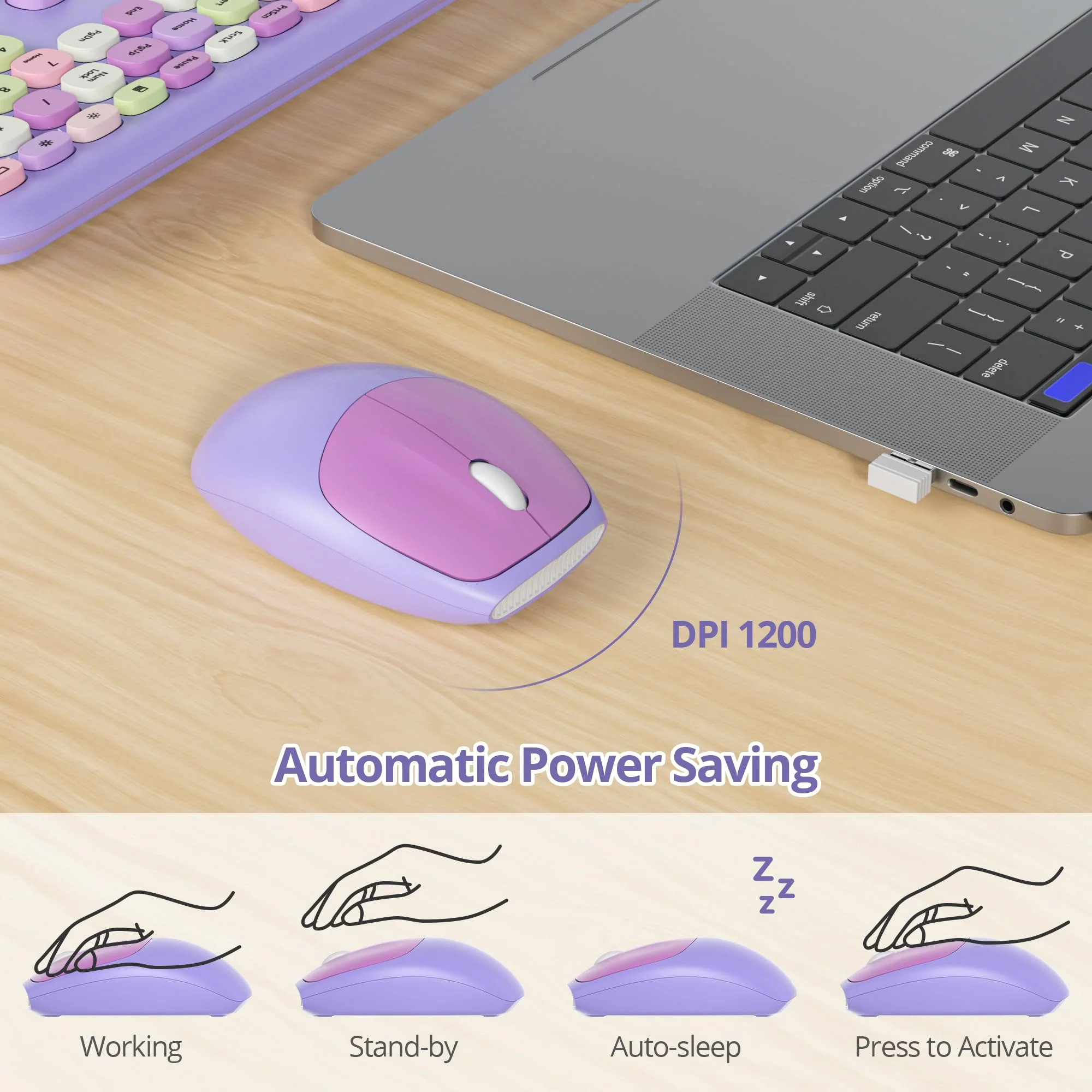 SOLIDEE Buntes kabellose Tastatur und Maus-Kombination,2.4GHz Retro Schreibmaschine Tastatur,104 Tasten in voller mit Ziffernblock,Leise membran Tastatur(Amerikanisch QWERTY)(Purple) - Image 8