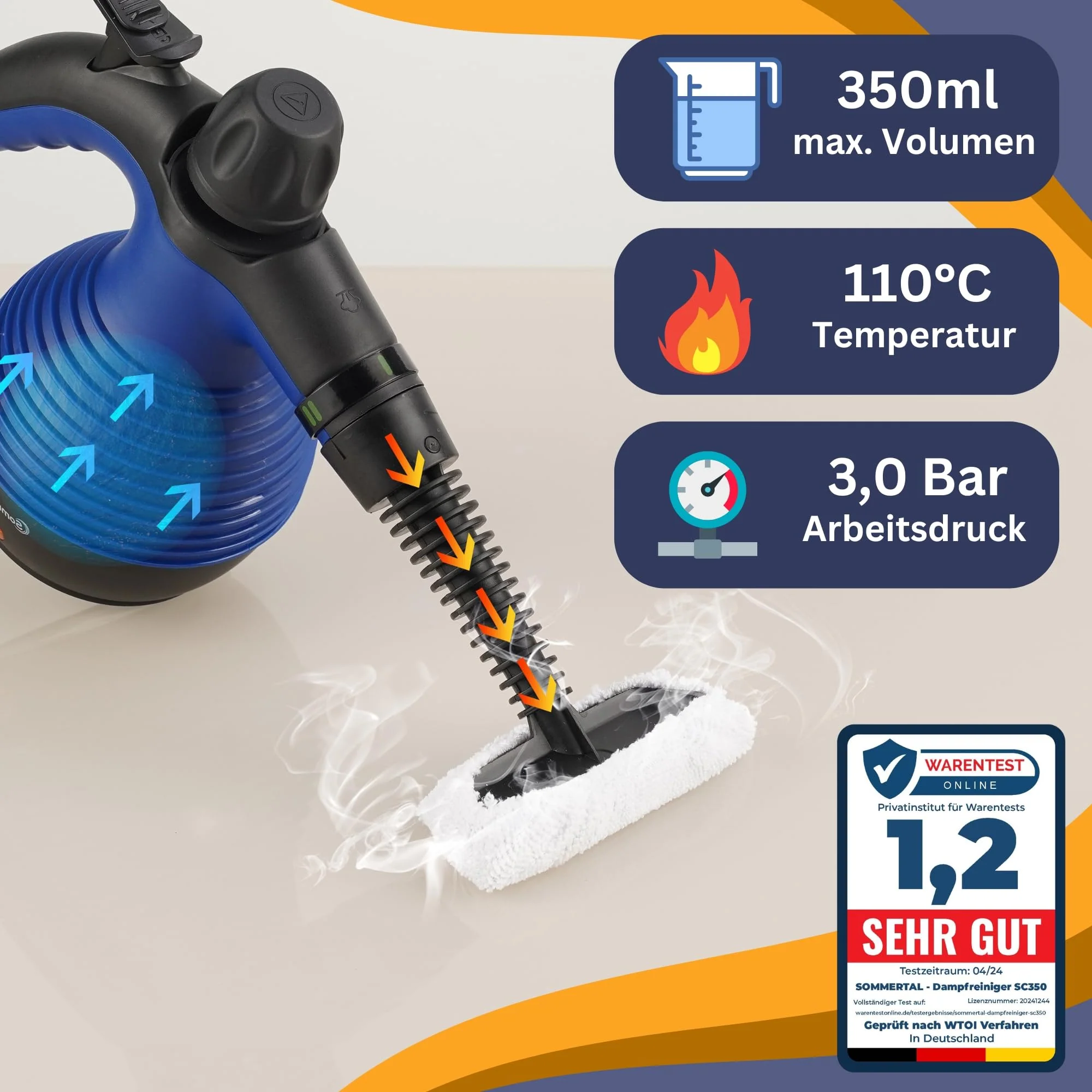Sommertal SC350 - tragbarer Dampfreiniger inkl Zubehör – kompakter Hand-Dampfreiniger für Polstermöbel, Fliesen, Böden – Steam Cleaner - 350 ml, 110°C Dampf - nachhaltig ohne Chemie - GS geprüft - Image 5