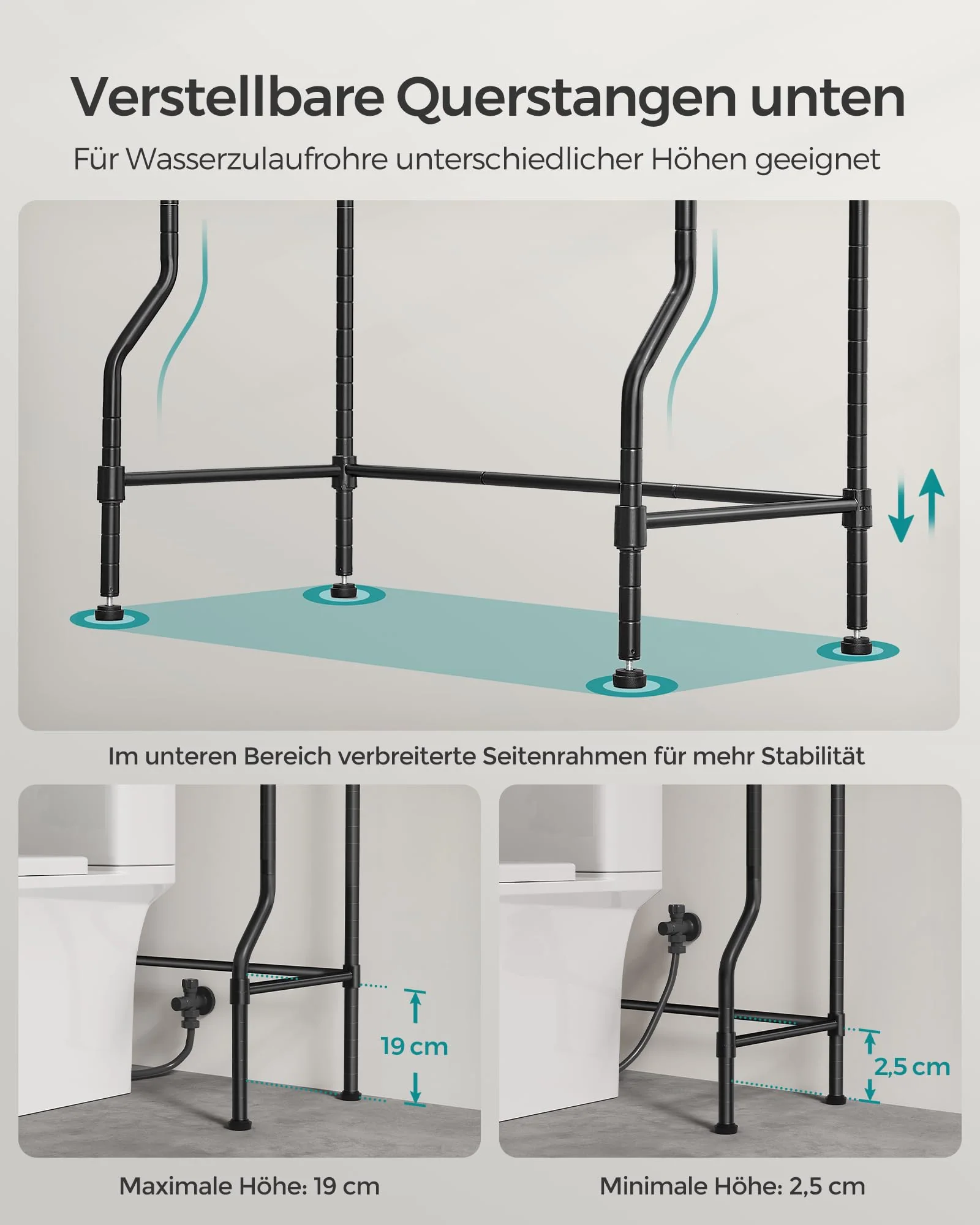 SONGMICS 4-stöckiges Toilettenregal, Badezimmerregal, Waschmaschinenregal, verstellbare Ablagen, mit Haken, Toilettenpapierhalter, platzsparend, 30 x 63 x 176 cm, schwarz BTS013B01 - Image 2