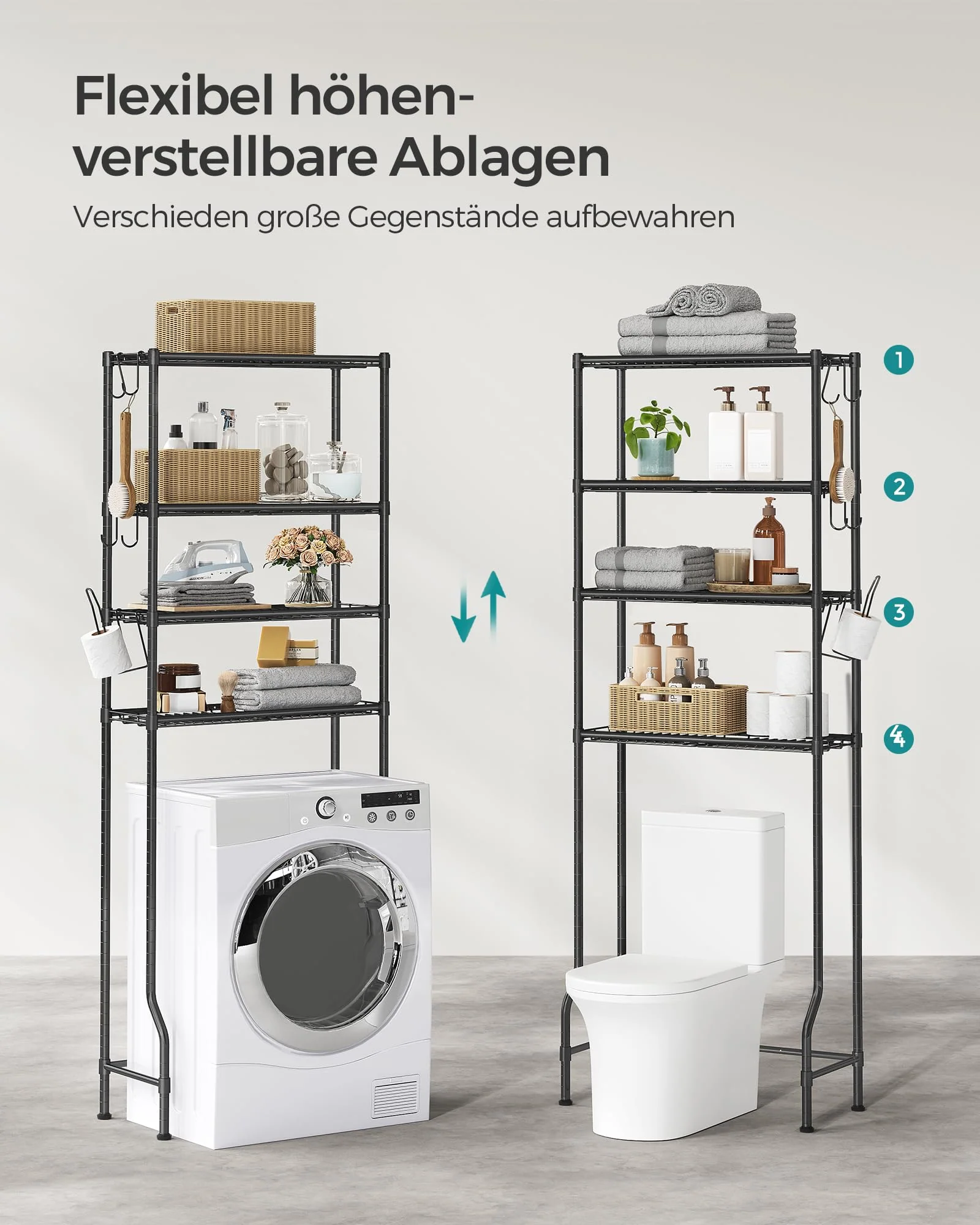 SONGMICS 4-stöckiges Toilettenregal, Badezimmerregal, Waschmaschinenregal, verstellbare Ablagen, mit Haken, Toilettenpapierhalter, platzsparend, 30 x 63 x 176 cm, schwarz BTS013B01 - Image 3