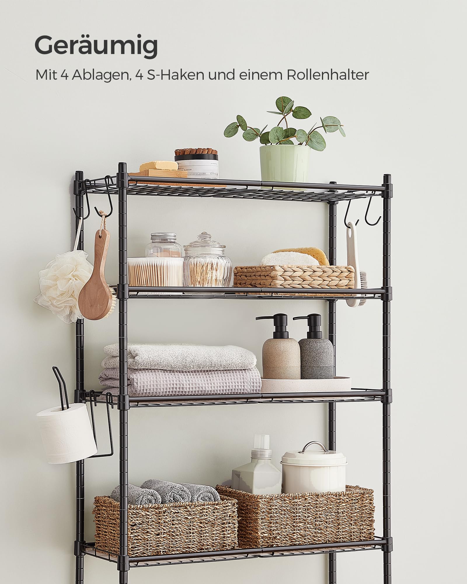 SONGMICS 4-stöckiges Toilettenregal, Badezimmerregal, Waschmaschinenregal, verstellbare Ablagen, mit Haken, Toilettenpapierhalter, platzsparend, 30 x 63 x 176 cm, schwarz BTS013B01 - Image 4