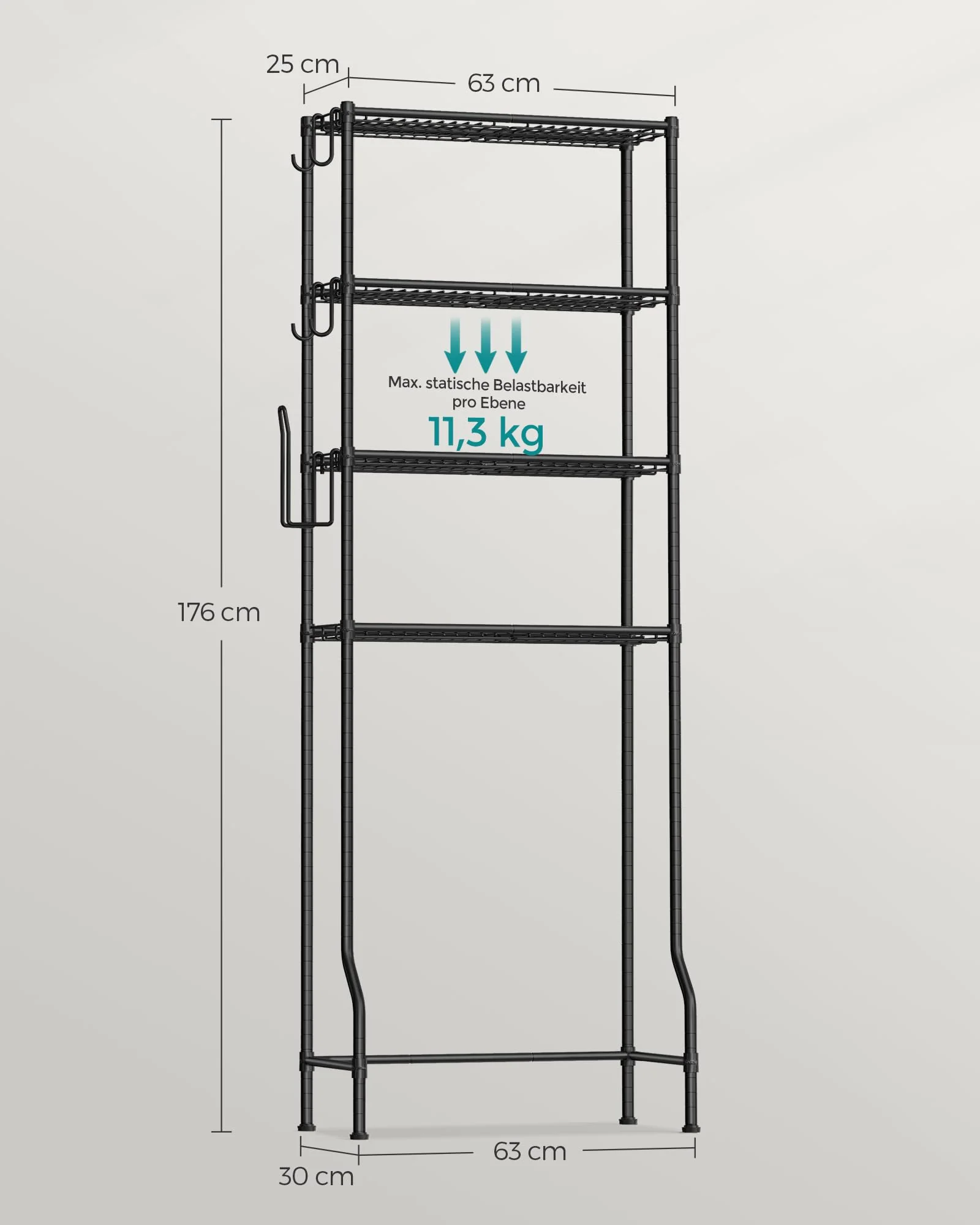 SONGMICS 4-stöckiges Toilettenregal, Badezimmerregal, Waschmaschinenregal, verstellbare Ablagen, mit Haken, Toilettenpapierhalter, platzsparend, 30 x 63 x 176 cm, schwarz BTS013B01 - Image 6