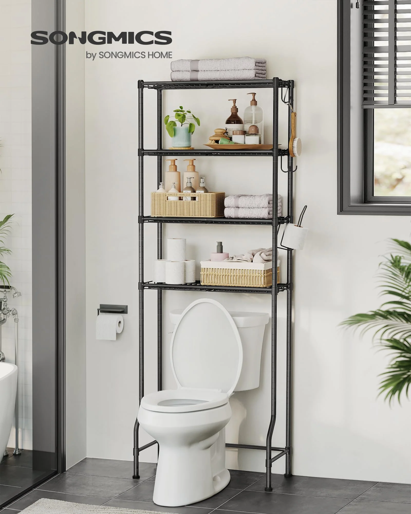 SONGMICS 4-stöckiges Toilettenregal, Badezimmerregal, Waschmaschinenregal, verstellbare Ablagen, mit Haken, Toilettenpapierhalter, platzsparend, 30 x 63 x 176 cm, schwarz BTS013B01 - Image 7