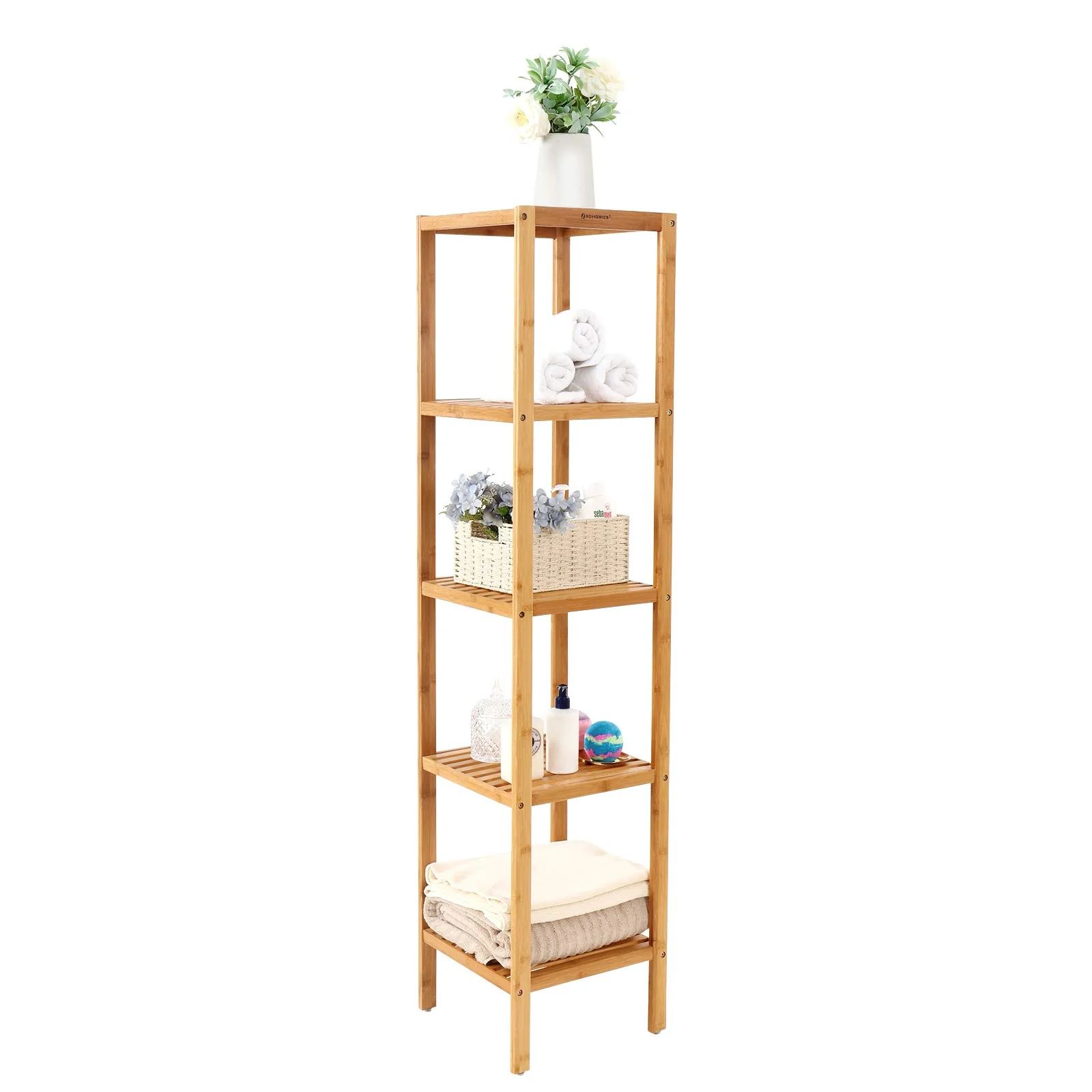 SONGMICS Badregal 5 Ebenen, schmales Regal stehend, Bambusregal, multifunktionales Aufbewahrungsregal, für Küche, Wohnzimmer, Schlafzimmer, Badezimmer, naturfarben BCB55Y - Image 3