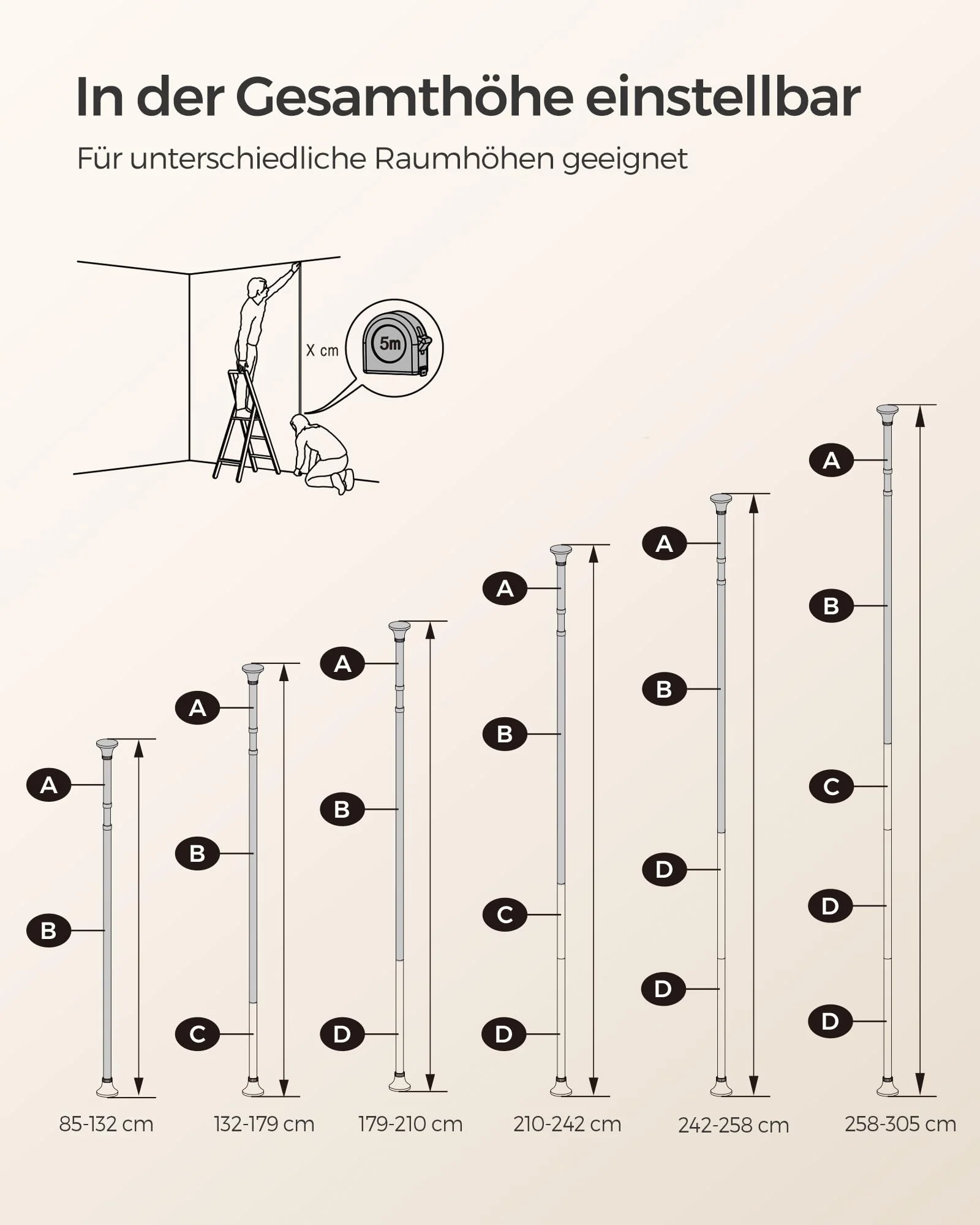 SONGMICS Duschregal, Eckregal Bad, mit 4 Ablagen, Badregal, Gesamthöhe 85-305 cm, höhenverstellbar, Badezimmer-Regal, weiß BCB001A - Image 2