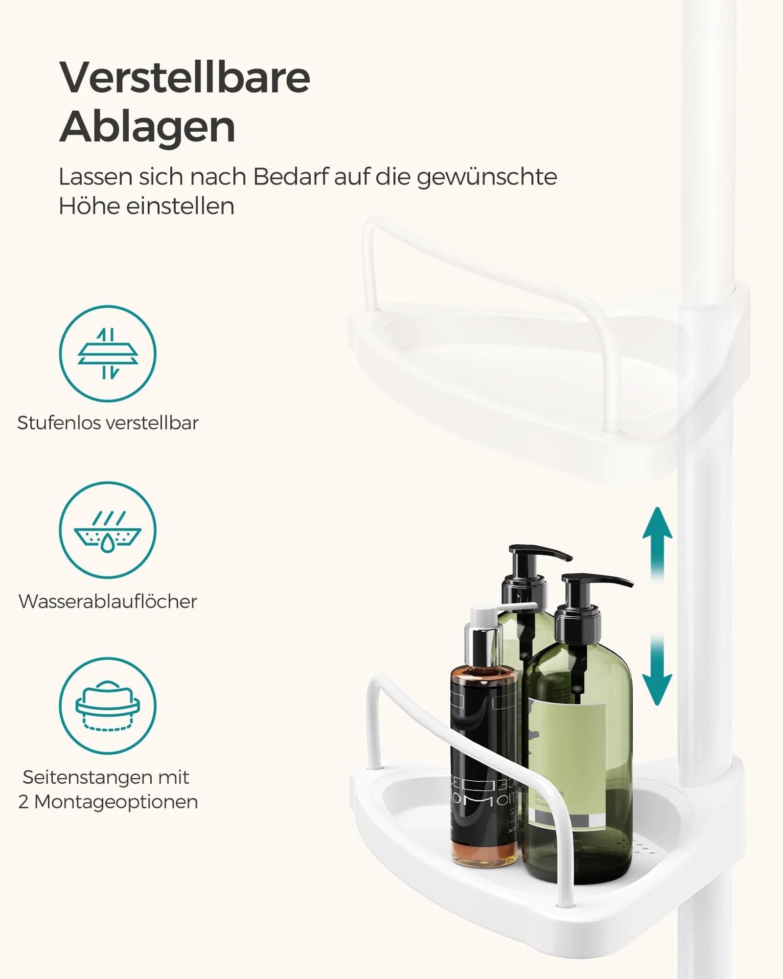 SONGMICS Duschregal, Eckregal Bad, mit 4 Ablagen, Badregal, Gesamthöhe 85-305 cm, höhenverstellbar, Badezimmer-Regal, weiß BCB001A - Image 5