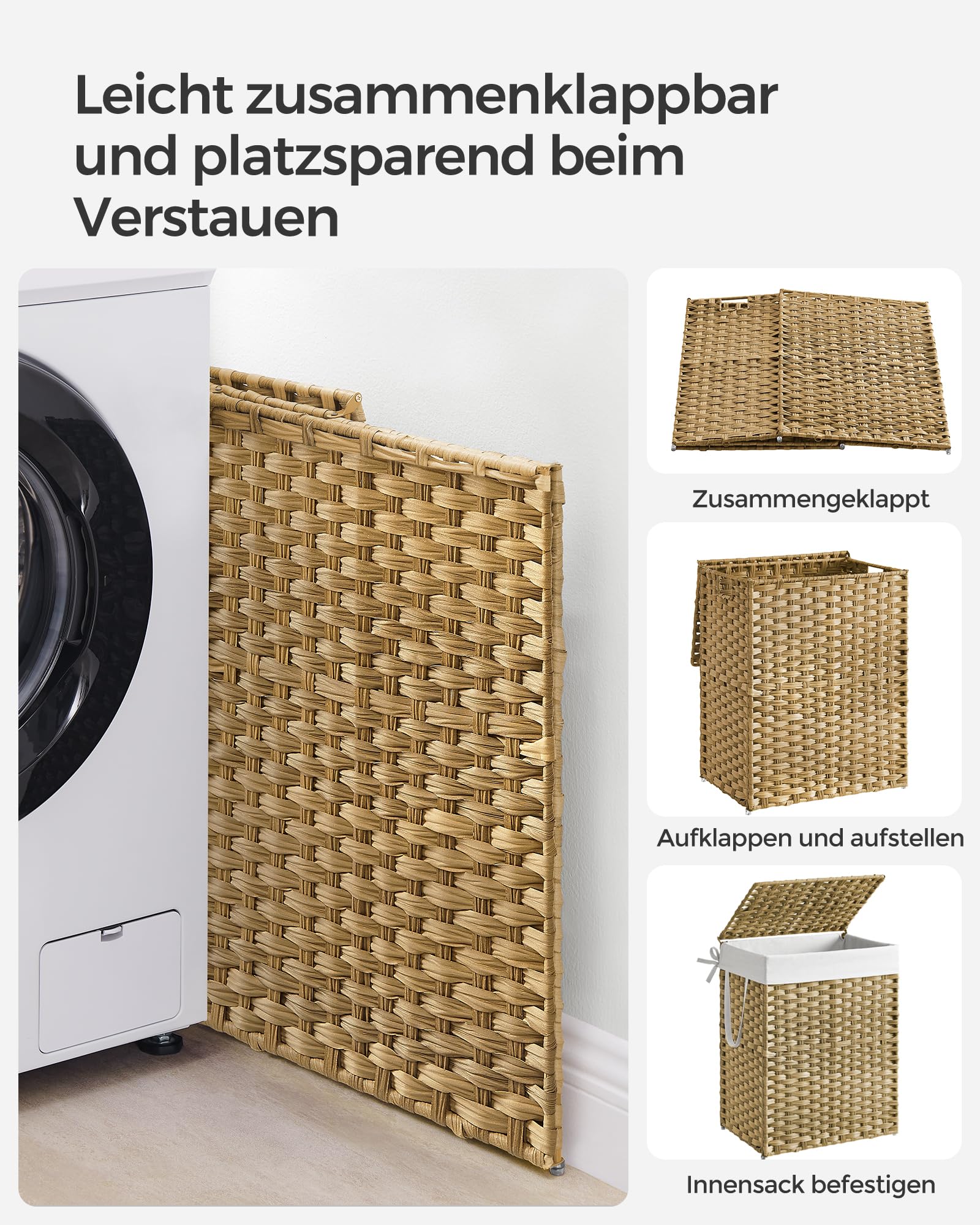 SONGMICS Wäschekorb 90 Liter, handgeflochten, Wäschesammler aus synthetischem Rattan, mit Deckel und Griffen, faltbar, Wäschesack herausnehmbar, naturfarben LCB51NL - Image 3