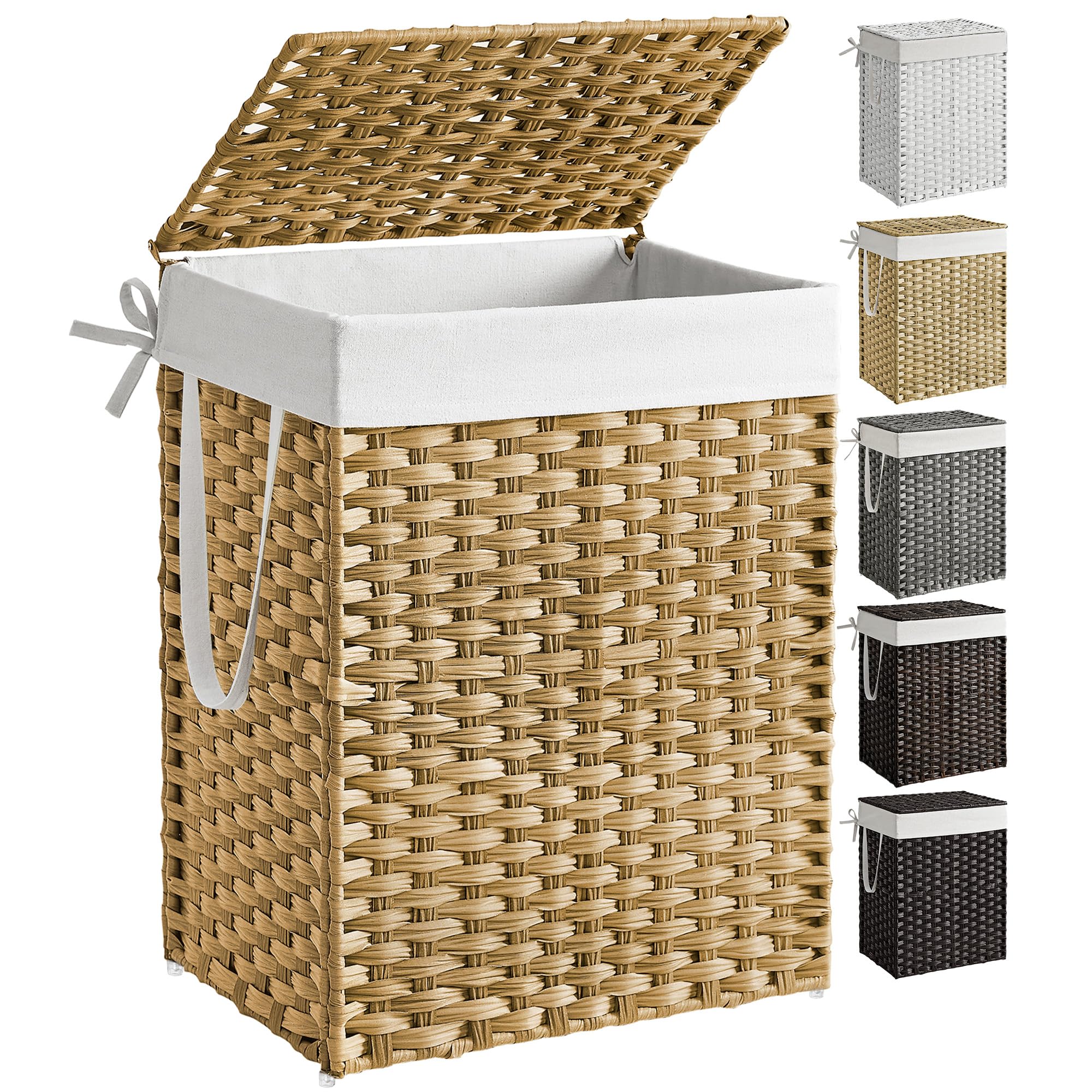 SONGMICS Wäschekorb 90 Liter, handgeflochten, Wäschesammler aus synthetischem Rattan, mit Deckel und Griffen, faltbar, Wäschesack herausnehmbar, naturfarben LCB51NL - Image 4
