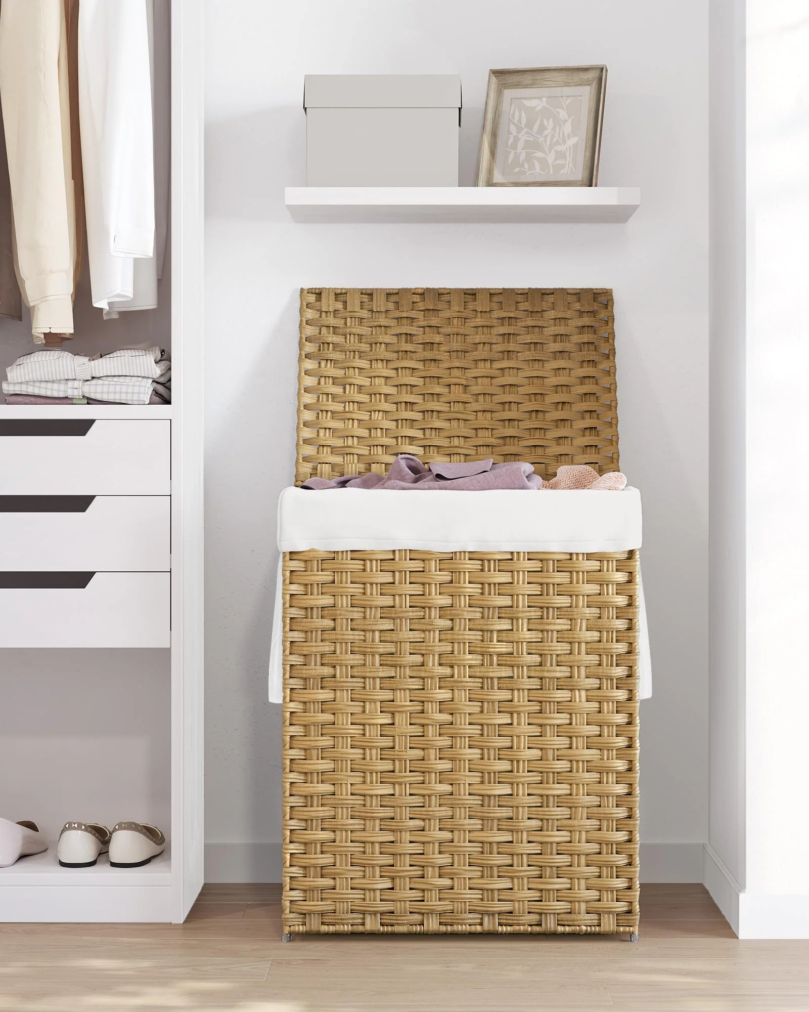 SONGMICS Wäschekorb 90 Liter, handgeflochten, Wäschesammler aus synthetischem Rattan, mit Deckel und Griffen, faltbar, Wäschesack herausnehmbar, naturfarben LCB51NL - Image 5