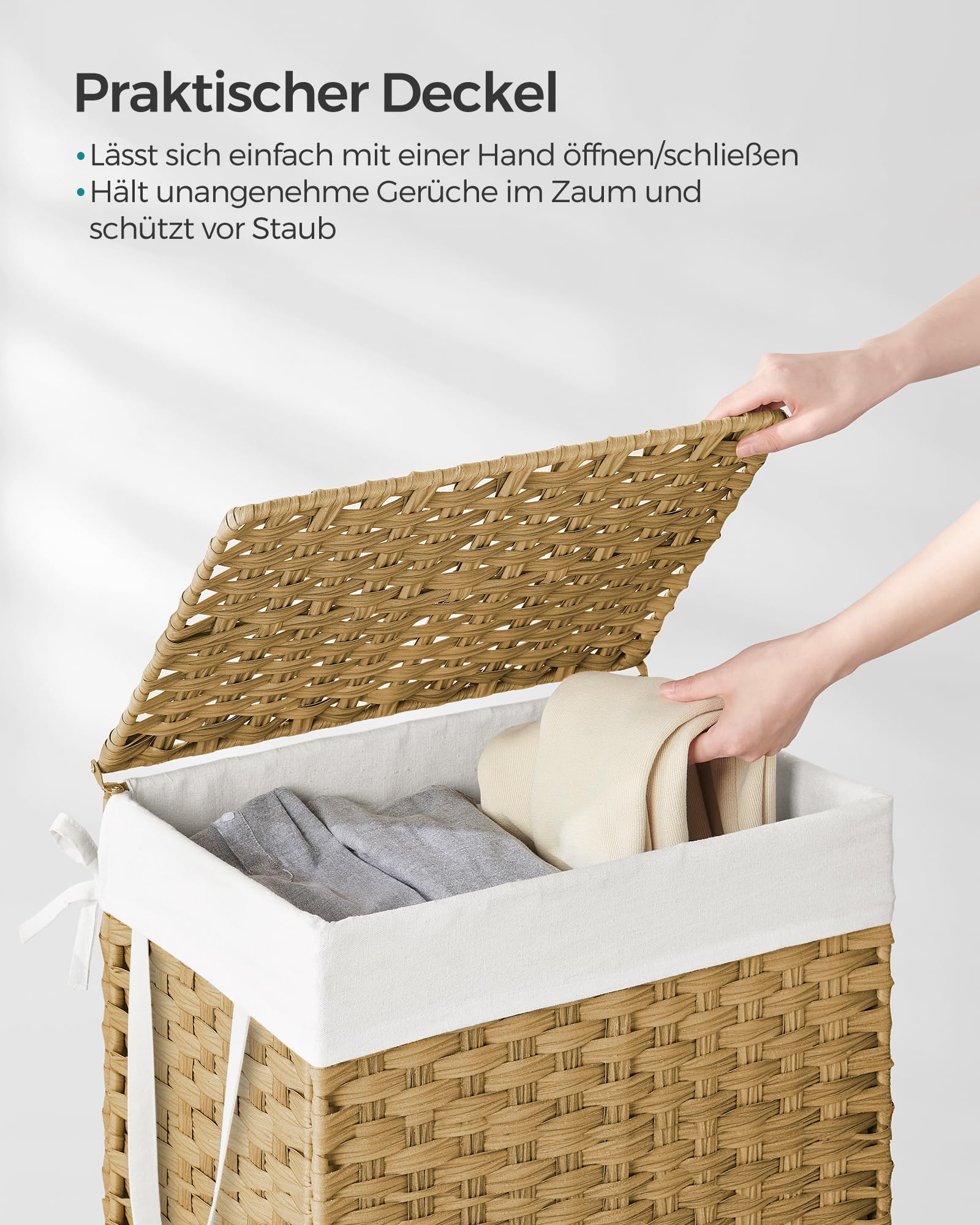 SONGMICS Wäschekorb 90 Liter, handgeflochten, Wäschesammler aus synthetischem Rattan, mit Deckel und Griffen, faltbar, Wäschesack herausnehmbar, naturfarben LCB51NL - Image 7