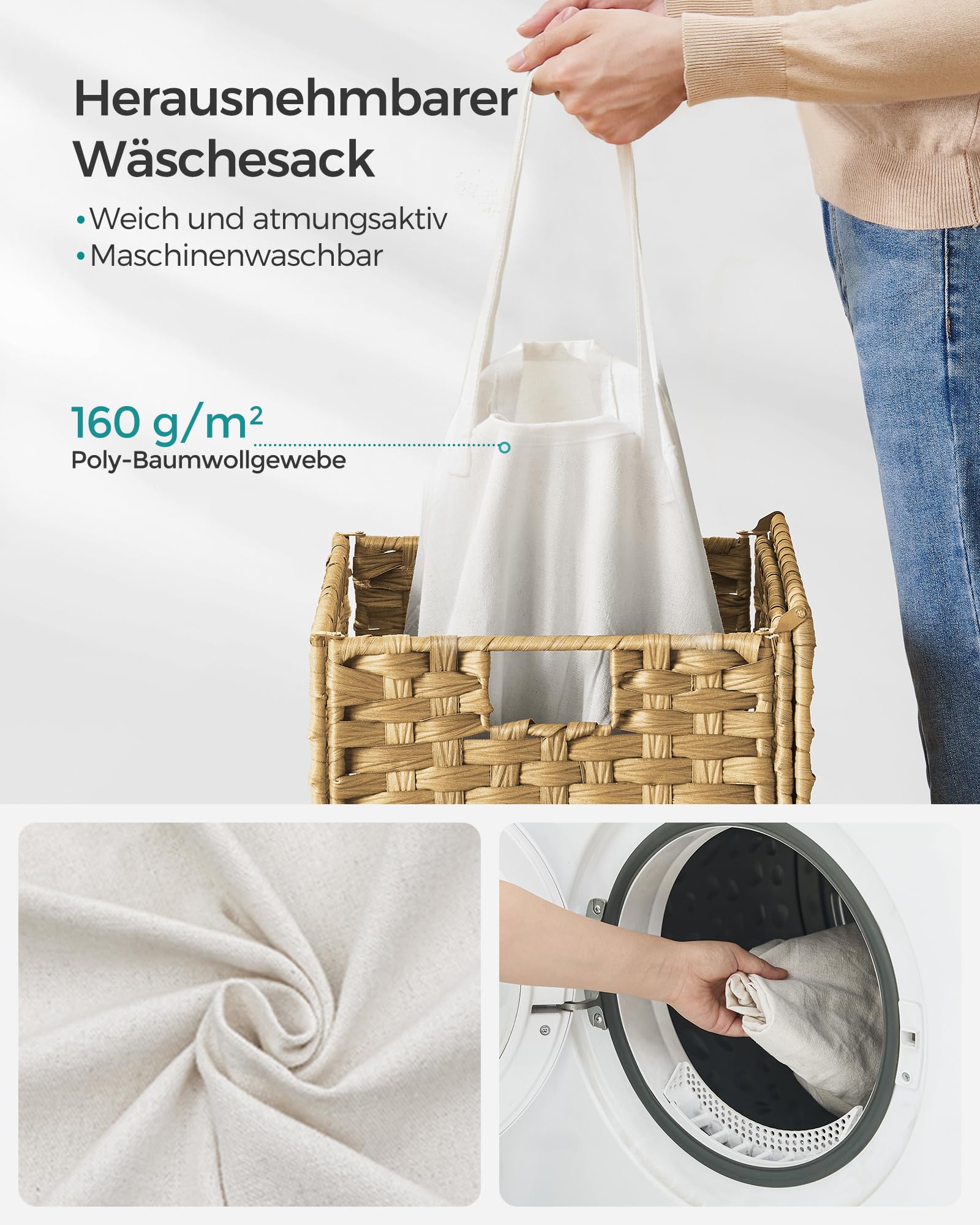 SONGMICS Wäschekorb 90 Liter, handgeflochten, Wäschesammler aus synthetischem Rattan, mit Deckel und Griffen, faltbar, Wäschesack herausnehmbar, naturfarben LCB51NL - Image 8