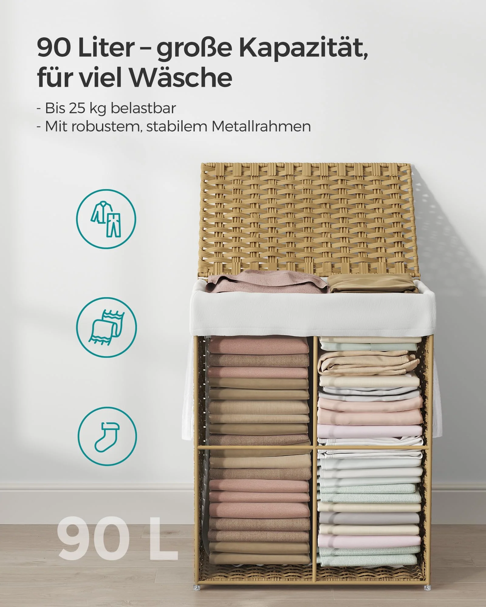 SONGMICS Wäschekorb 90 Liter, handgeflochten, Wäschesammler aus synthetischem Rattan, mit Deckel und Griffen, faltbar, Wäschesack herausnehmbar, naturfarben LCB51NL - Image 9