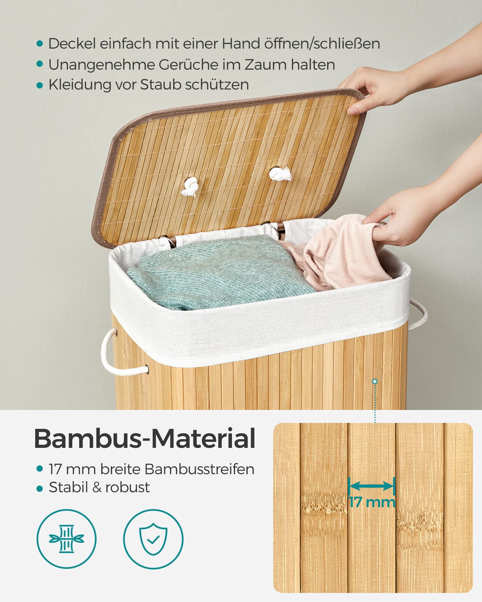 SONGMICS Wäschekorb mit Deckel, 72 L, Wäschekorb aus Bambus, faltbar, mit abnehmbarem waschbarem Beutel, Griffen, für Waschküche, Schlafzimmer, Holzfarbe LCB10Y - Image 2