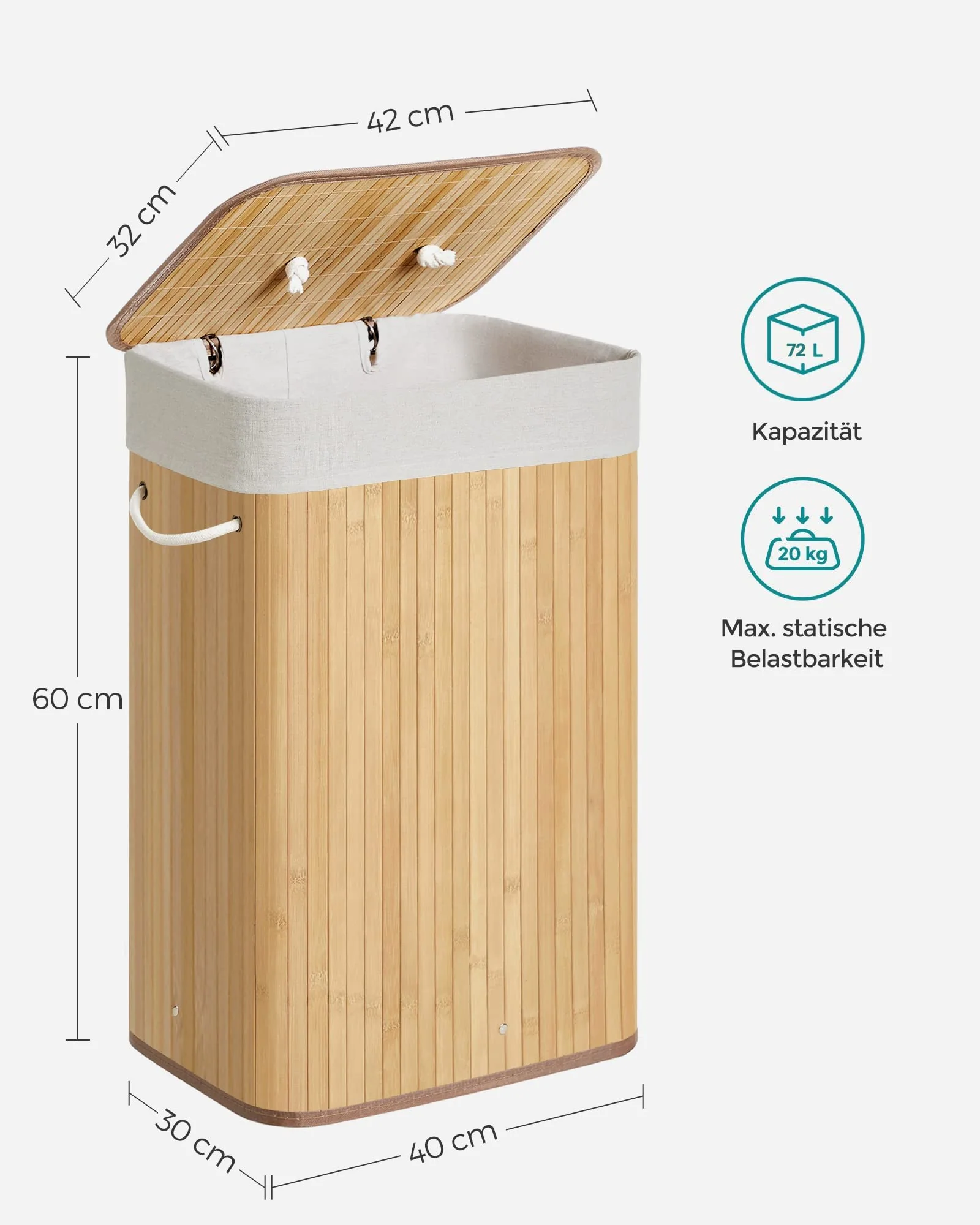 SONGMICS Wäschekorb mit Deckel, 72 L, Wäschekorb aus Bambus, faltbar, mit abnehmbarem waschbarem Beutel, Griffen, für Waschküche, Schlafzimmer, Holzfarbe LCB10Y - Image 6