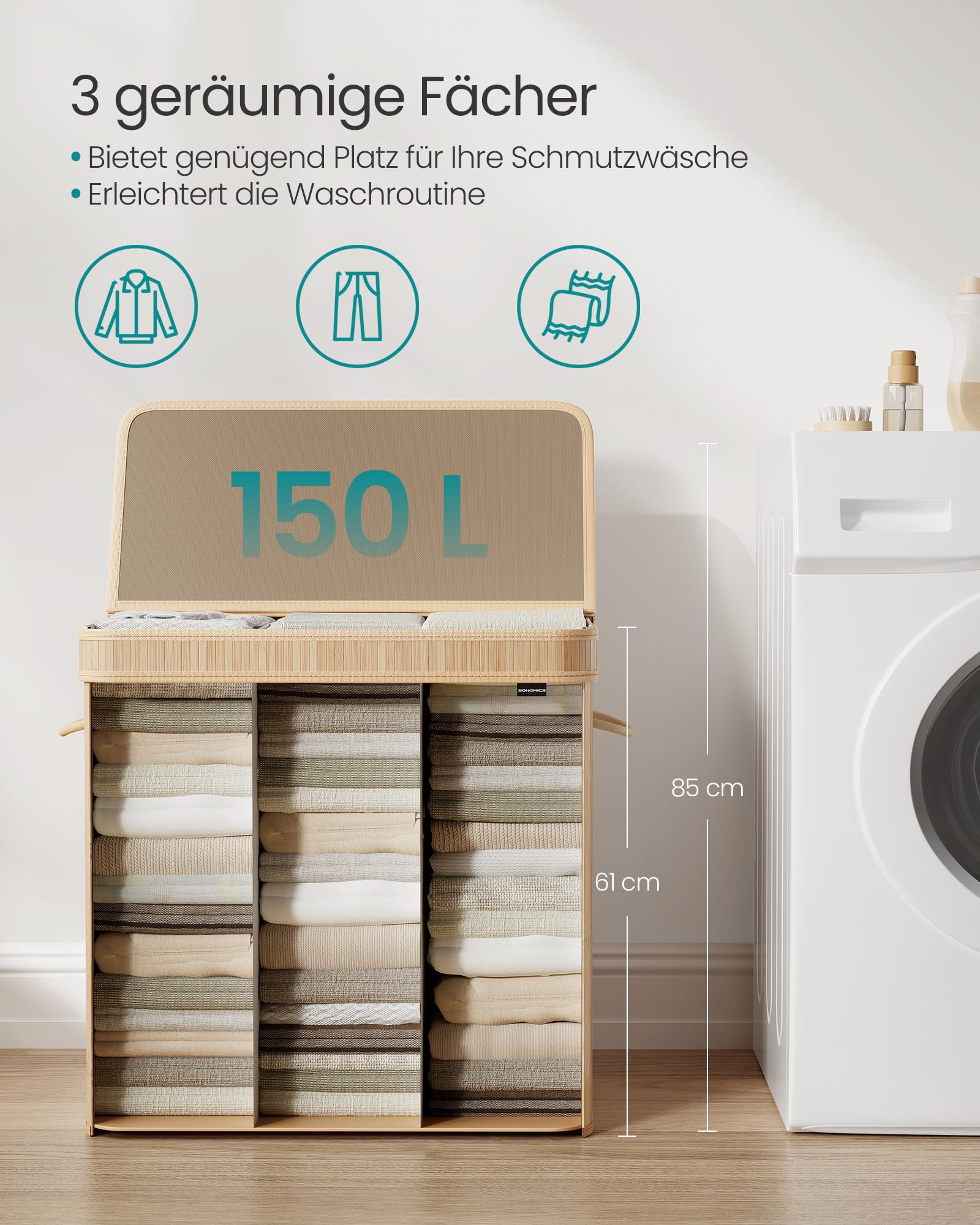 SONGMICS Wäschekorb mit Deckel, Wäschesammler Bambus, Wäschesack herausnehmbar und maschinenwaschbar, mit Griffen, 150 Liter, für Waschküche, Schlafzimmer, Wohnzimmer, naturbeige LCB062N01 - Image 2