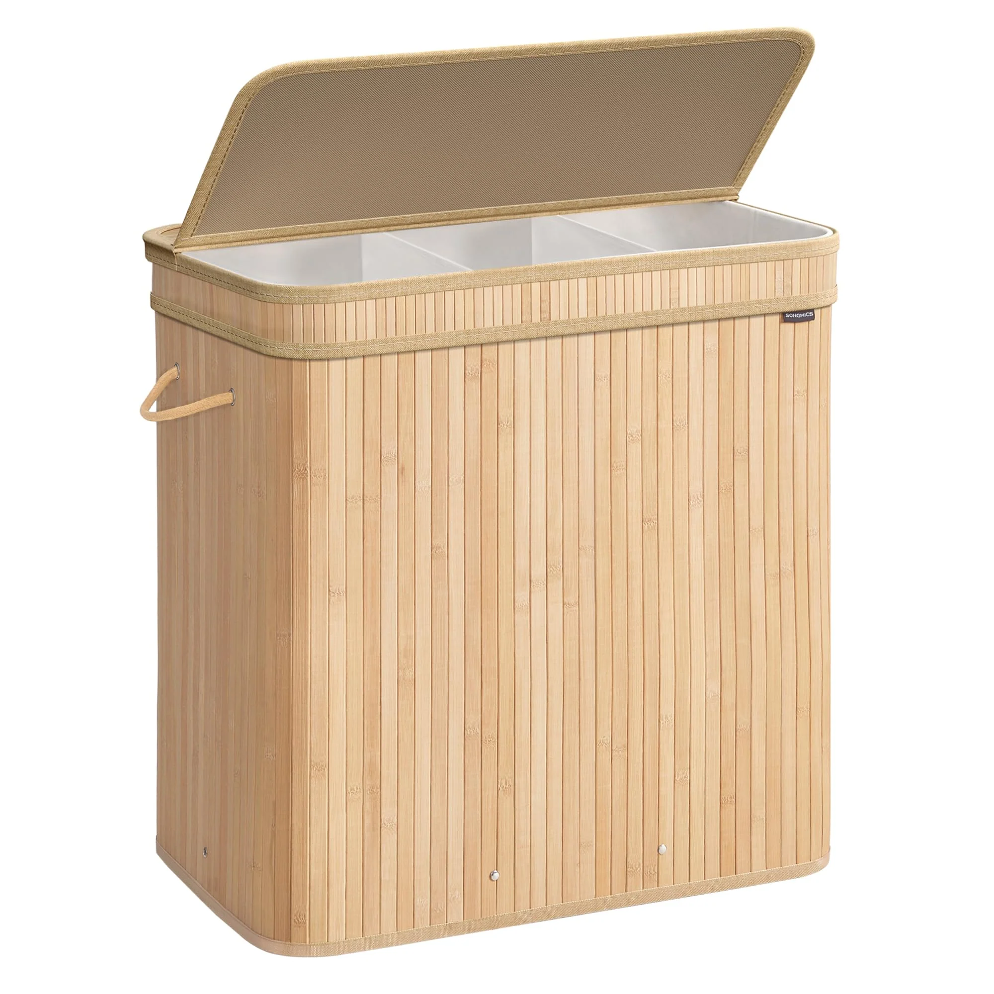 SONGMICS Wäschekorb mit Deckel, Wäschesammler Bambus, Wäschesack herausnehmbar und maschinenwaschbar, mit Griffen, 150 Liter, für Waschküche, Schlafzimmer, Wohnzimmer, naturbeige LCB062N01 - Image 3