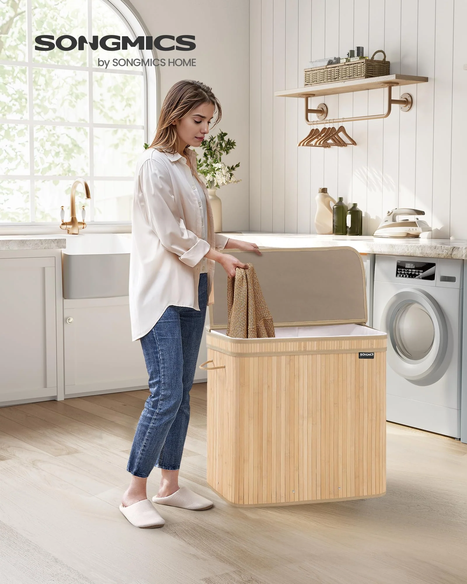 SONGMICS Wäschekorb mit Deckel, Wäschesammler Bambus, Wäschesack herausnehmbar und maschinenwaschbar, mit Griffen, 150 Liter, für Waschküche, Schlafzimmer, Wohnzimmer, naturbeige LCB062N01 - Image 4
