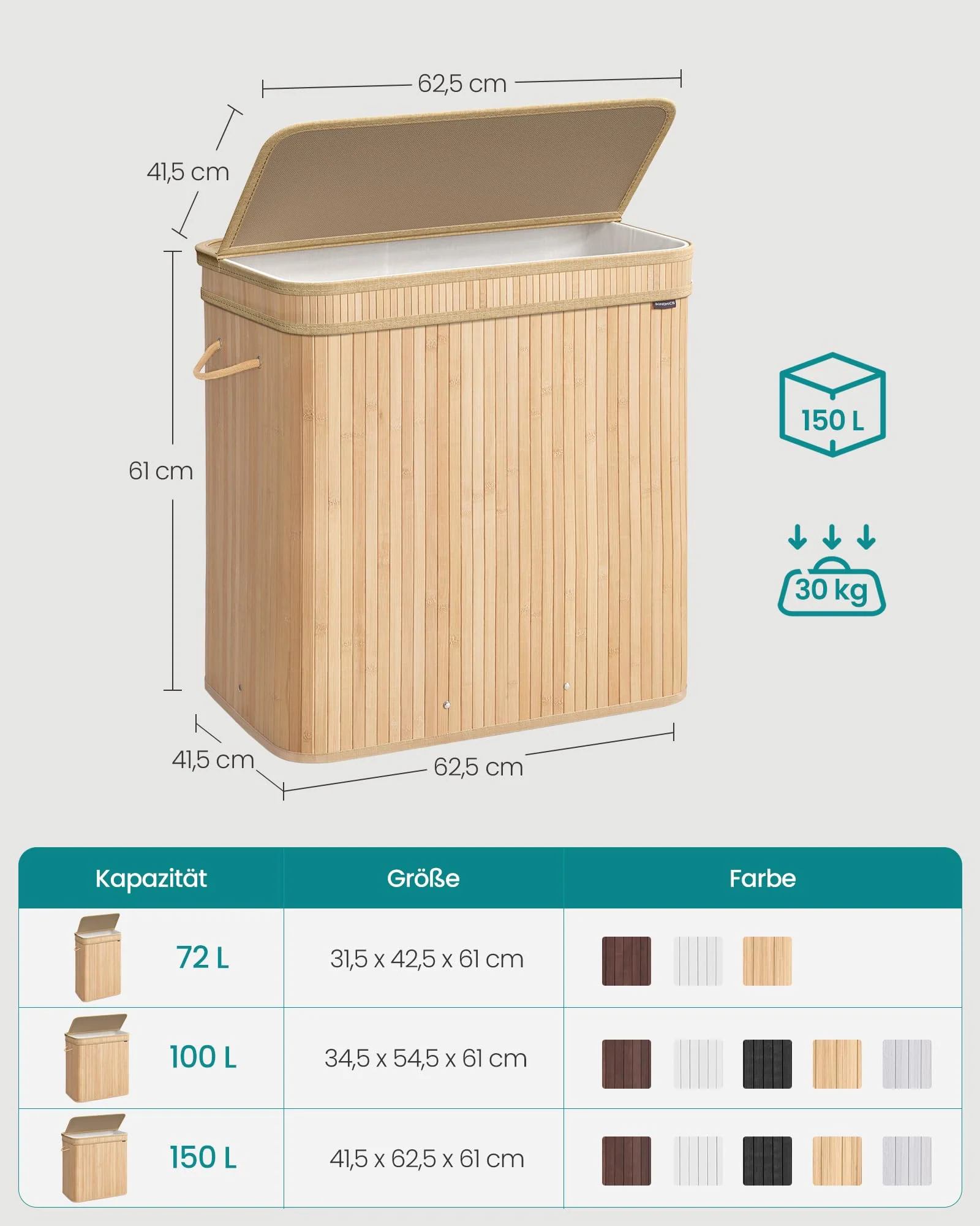SONGMICS Wäschekorb mit Deckel, Wäschesammler Bambus, Wäschesack herausnehmbar und maschinenwaschbar, mit Griffen, 150 Liter, für Waschküche, Schlafzimmer, Wohnzimmer, naturbeige LCB062N01 - Image 5