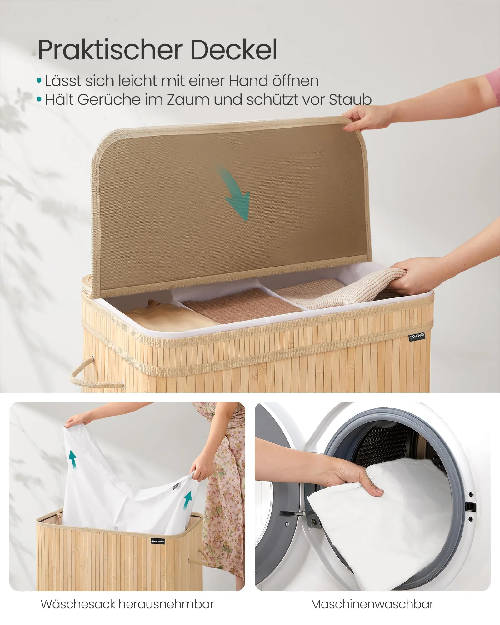 SONGMICS Wäschekorb mit Deckel, Wäschesammler Bambus, Wäschesack herausnehmbar und maschinenwaschbar, mit Griffen, 150 Liter, für Waschküche, Schlafzimmer, Wohnzimmer, naturbeige LCB062N01 - Image 6