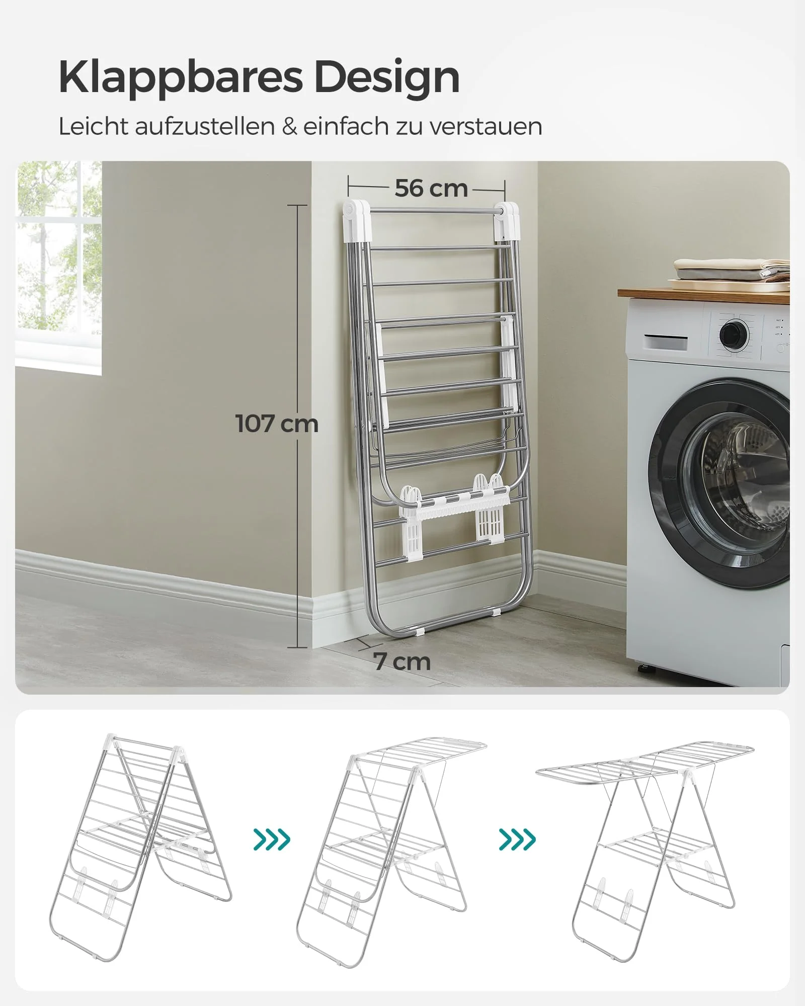 SONGMICS Wäscheständer, Faltbarer Wäscheständer, Wäscheständer mit höhenverstellbaren Flügeln, freistehender Wäschetrockner, Innen- und Außenbereich, Edelstahl, Weiß und Silber LLR502W01 - Image 2
