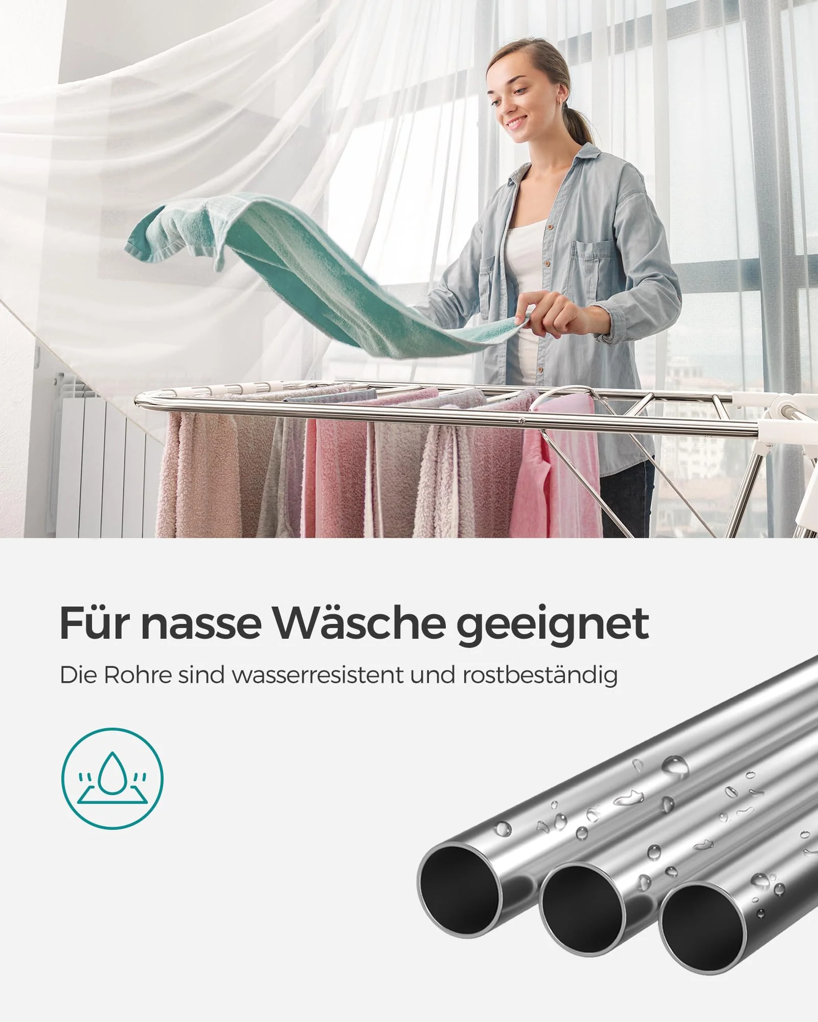 SONGMICS Wäscheständer, Faltbarer Wäscheständer, Wäscheständer mit höhenverstellbaren Flügeln, freistehender Wäschetrockner, Innen- und Außenbereich, Edelstahl, Weiß und Silber LLR502W01 - Image 4