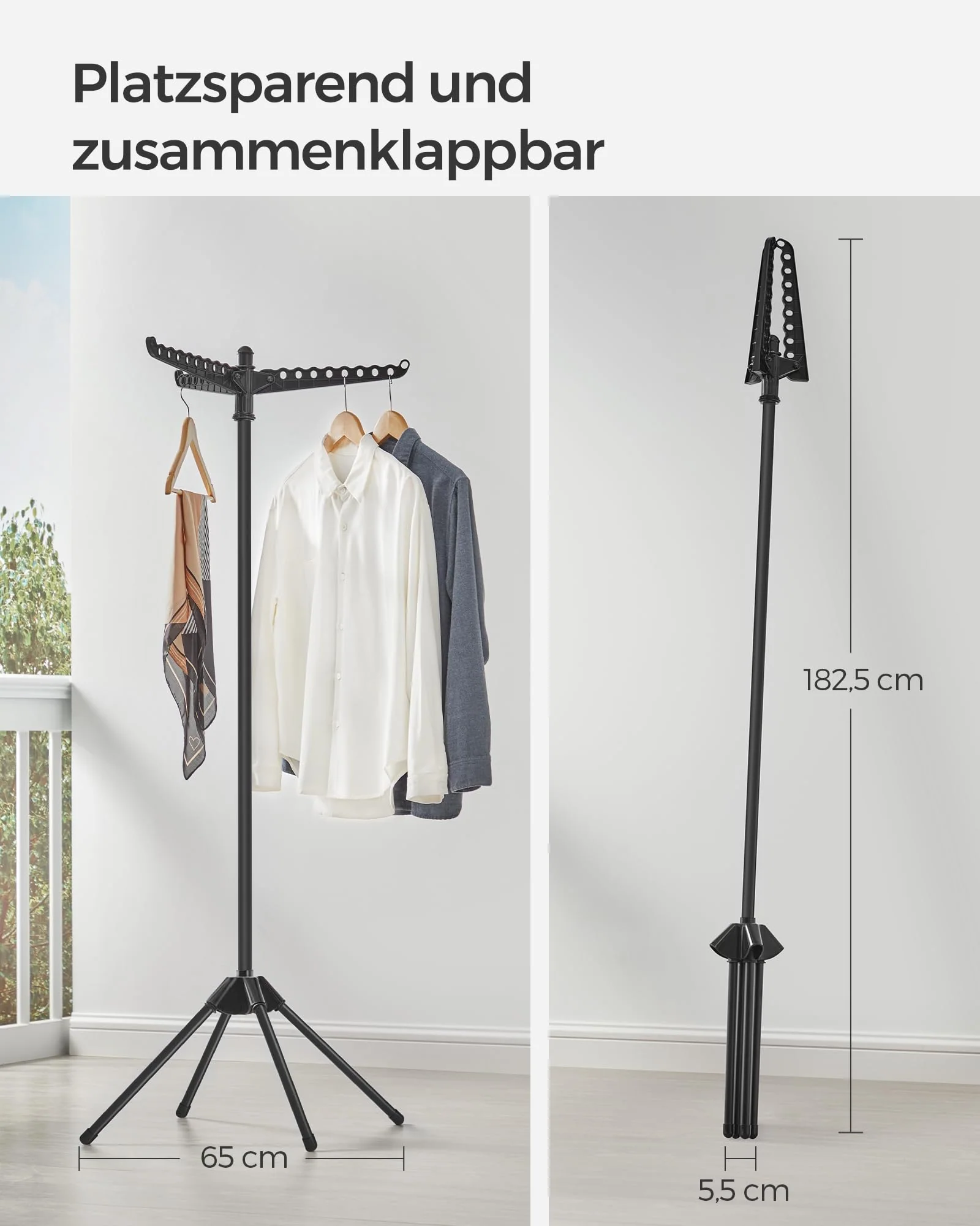 SONGMICS Wäscheständer, Standtrockner, 3 drehbare Armen für Kleiderbügel, Wäschespinne, 4 Beine, für Innenbereich, Edelstahl, für bis zu 27 Kleidungsstücke, 150 cm hoch, schwarz LLR510B01 - Image 5