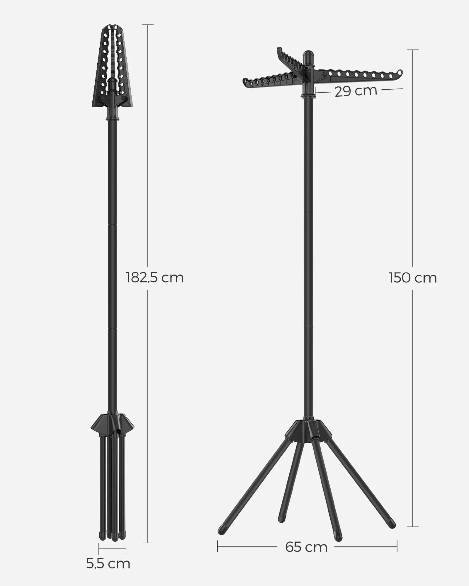 SONGMICS Wäscheständer, Standtrockner, 3 drehbare Armen für Kleiderbügel, Wäschespinne, 4 Beine, für Innenbereich, Edelstahl, für bis zu 27 Kleidungsstücke, 150 cm hoch, schwarz LLR510B01 - Image 6