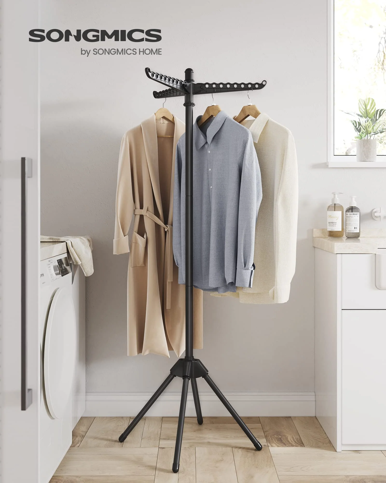 SONGMICS Wäscheständer, Standtrockner, 3 drehbare Armen für Kleiderbügel, Wäschespinne, 4 Beine, für Innenbereich, Edelstahl, für bis zu 27 Kleidungsstücke, 150 cm hoch, schwarz LLR510B01 - Image 7