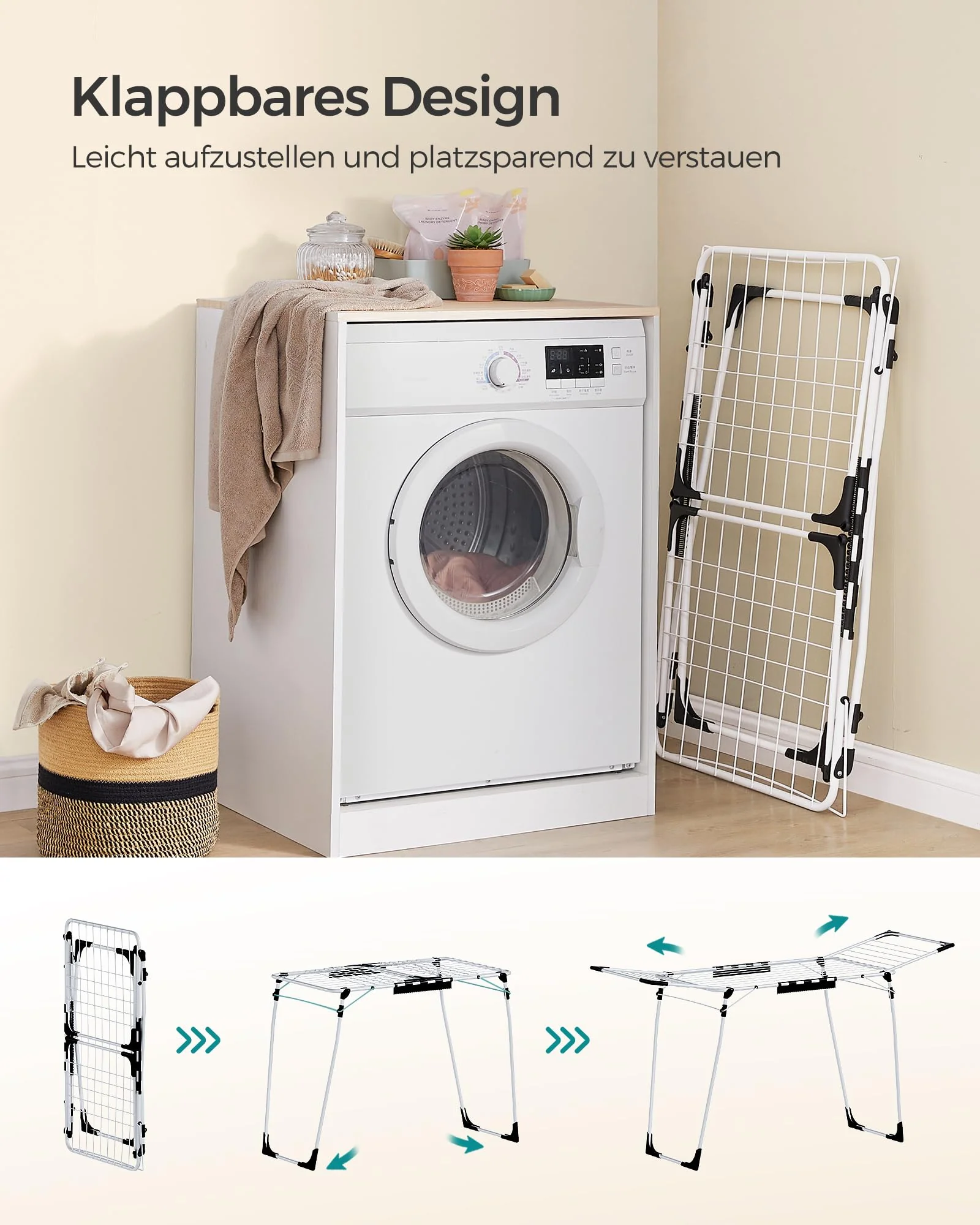 SONGMICS Wäscheständer, Standtrockner 56,5 x 173 x 96,5 cm, Flügelwäscheständer, Flügelwäschetrockner platzsparend, mit Sockenhalter, Metall, für Kleidung, Handtücher, Wäsche, weiß LLR518W01 - Image 5