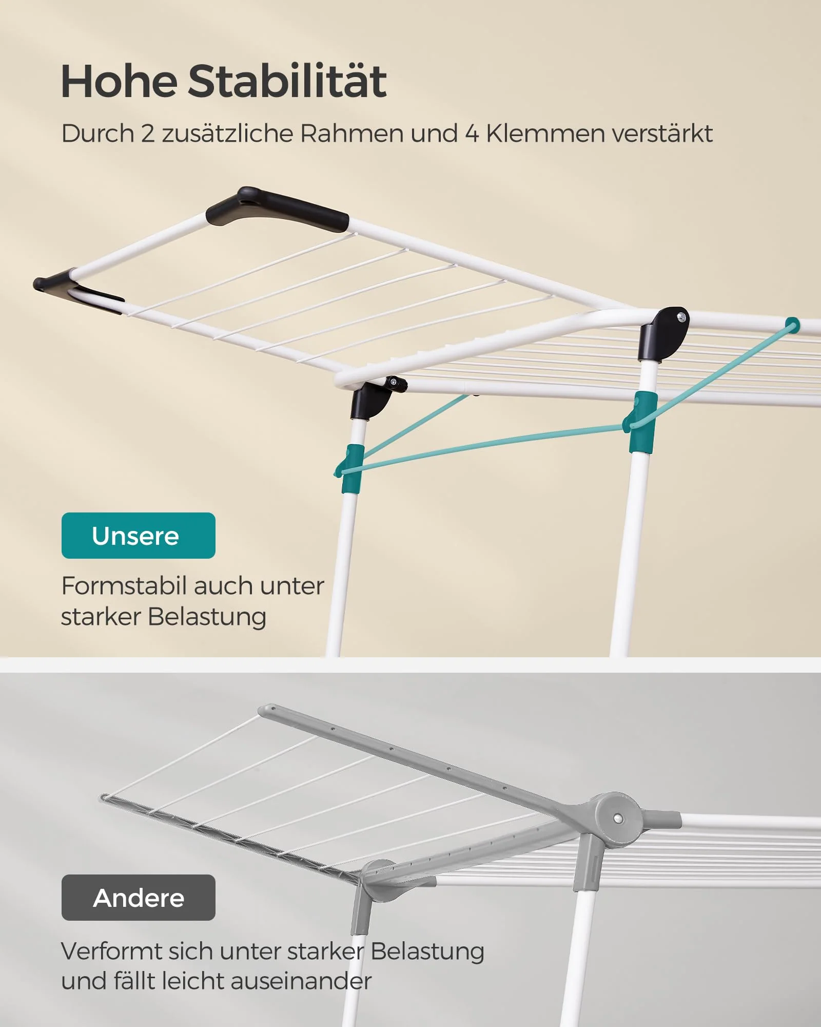 SONGMICS Wäscheständer, Standtrockner 56,5 x 173 x 96,5 cm, Flügelwäscheständer, Flügelwäschetrockner platzsparend, mit Sockenhalter, Metall, für Kleidung, Handtücher, Wäsche, weiß LLR518W01 - Image 7