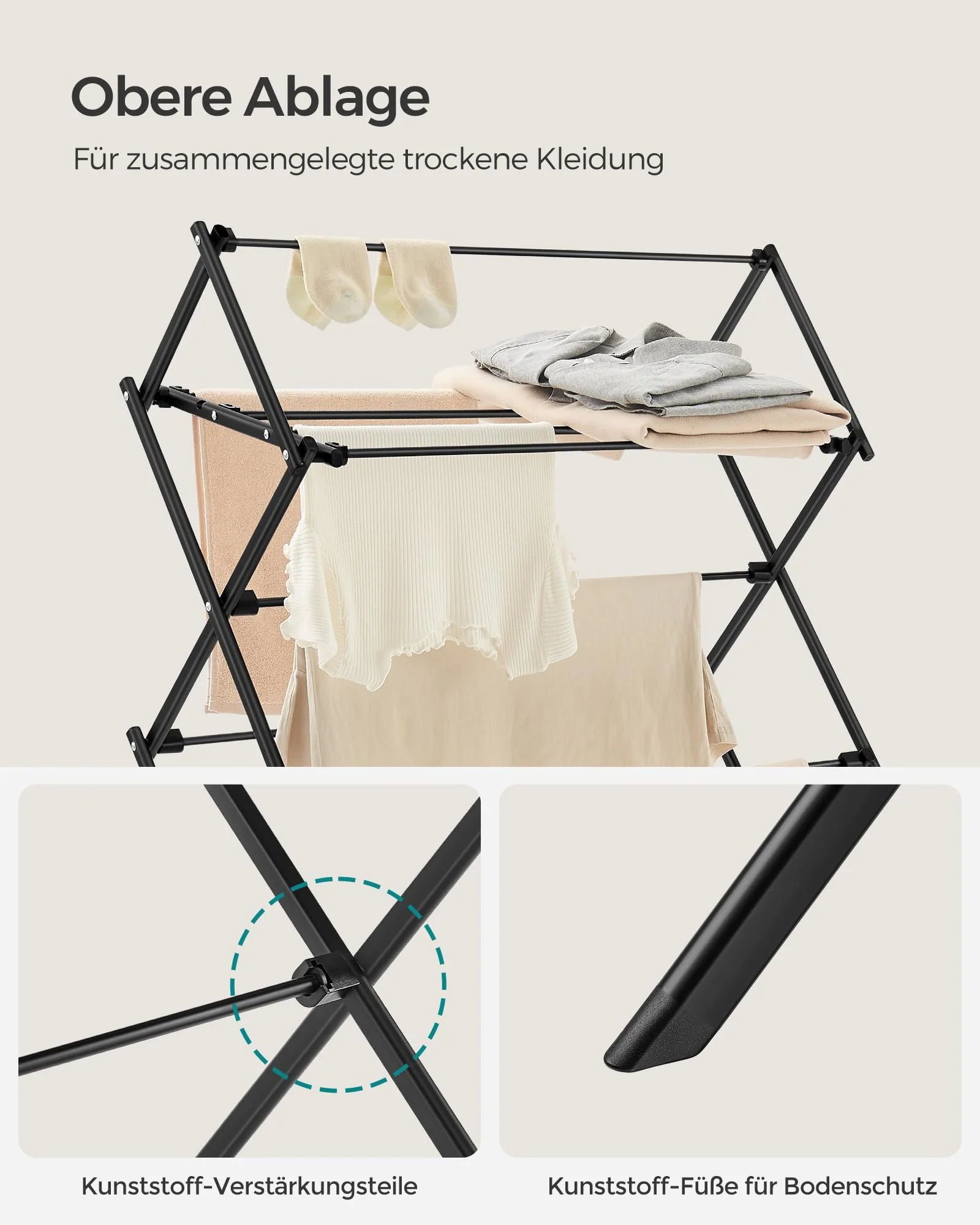 SONGMICS Wäscheständer, Standtrockner klappbar, kompakt, platzsparend, Stahlrahmen, 37 x 75 x 135,1 cm, einfacher Aufbau, für Innen- und Außenbereich, schwarz LLR770B01 - Image 3