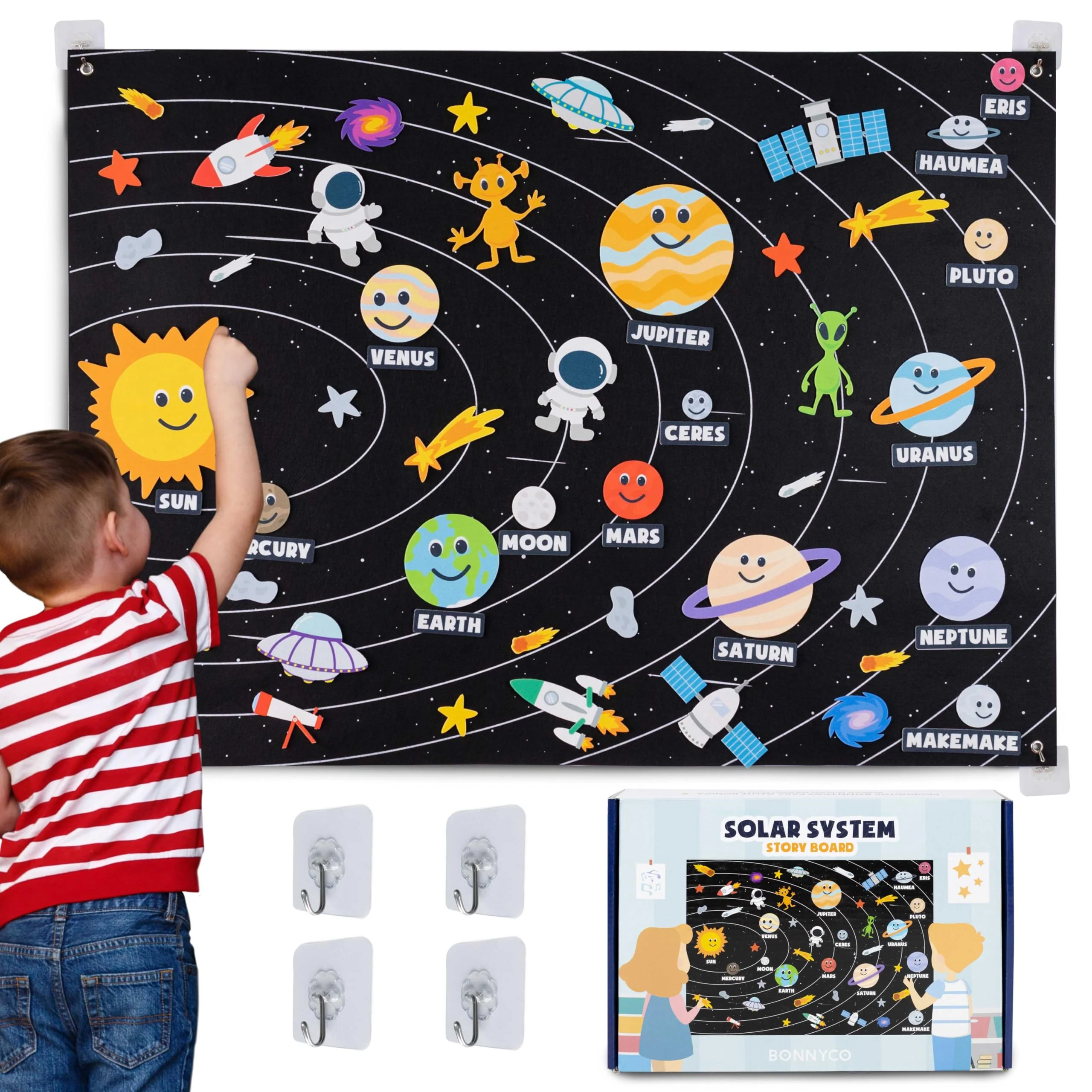 Sonnensystem Kinder 61 Filz Figuren - BONNYCO | Planeten Kinder Spielzeug Geschenke für Jungs Mädchen 3 4 5 6 7 8 Jahre | Sonnensystem Modell Pädagogisches Montessori Spielzeug Weltraum Weihnachten
