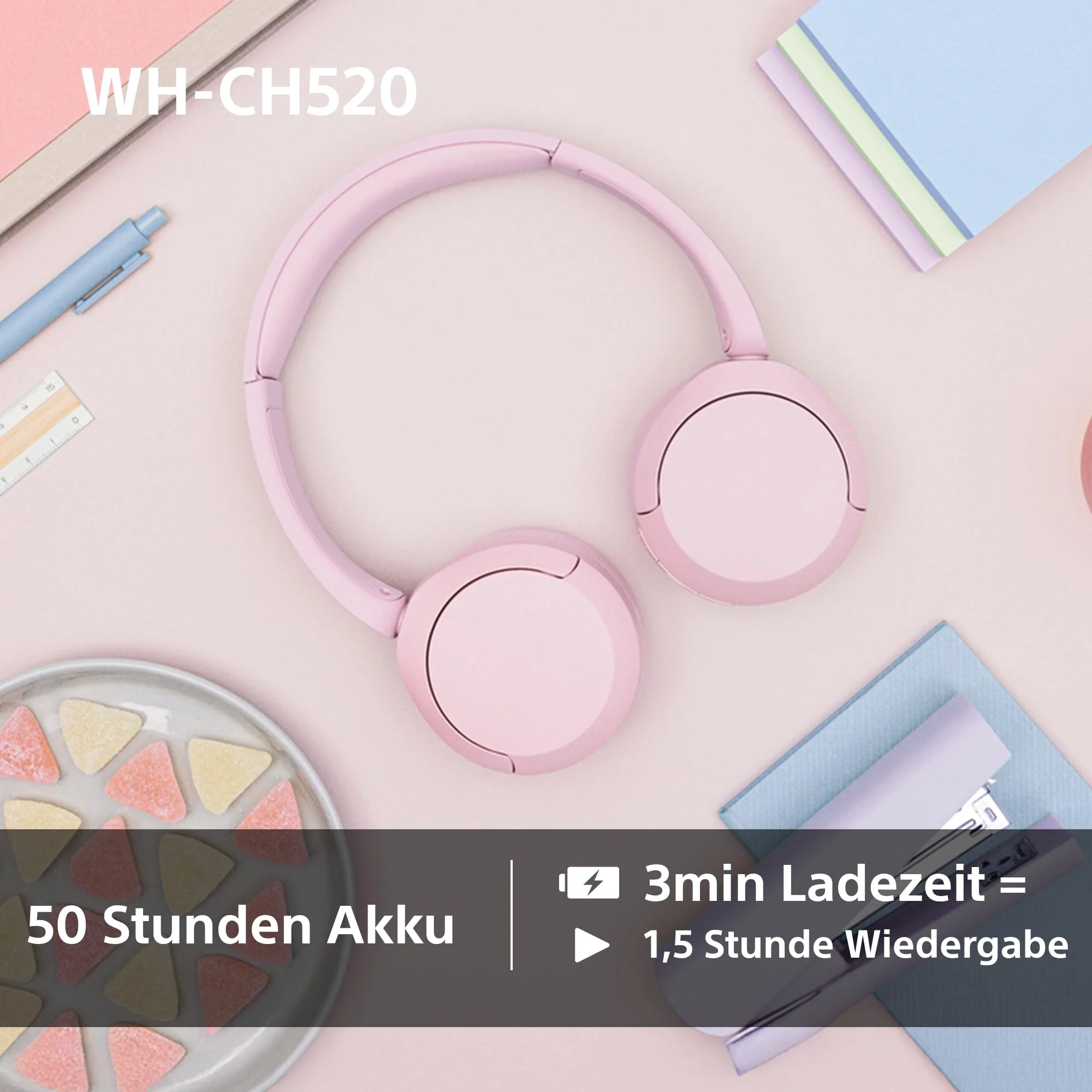 Sony WH-CH520 Kabelloser Bluetooth On-Ear-Kopfhörer, hohe Klangqualität, leichtes Design, bis zu 50 Stunden Akkulaufzeit, Schnellladung, EQ, klare Gesprächsqualität, iOS und Android - Rosa - Image 3